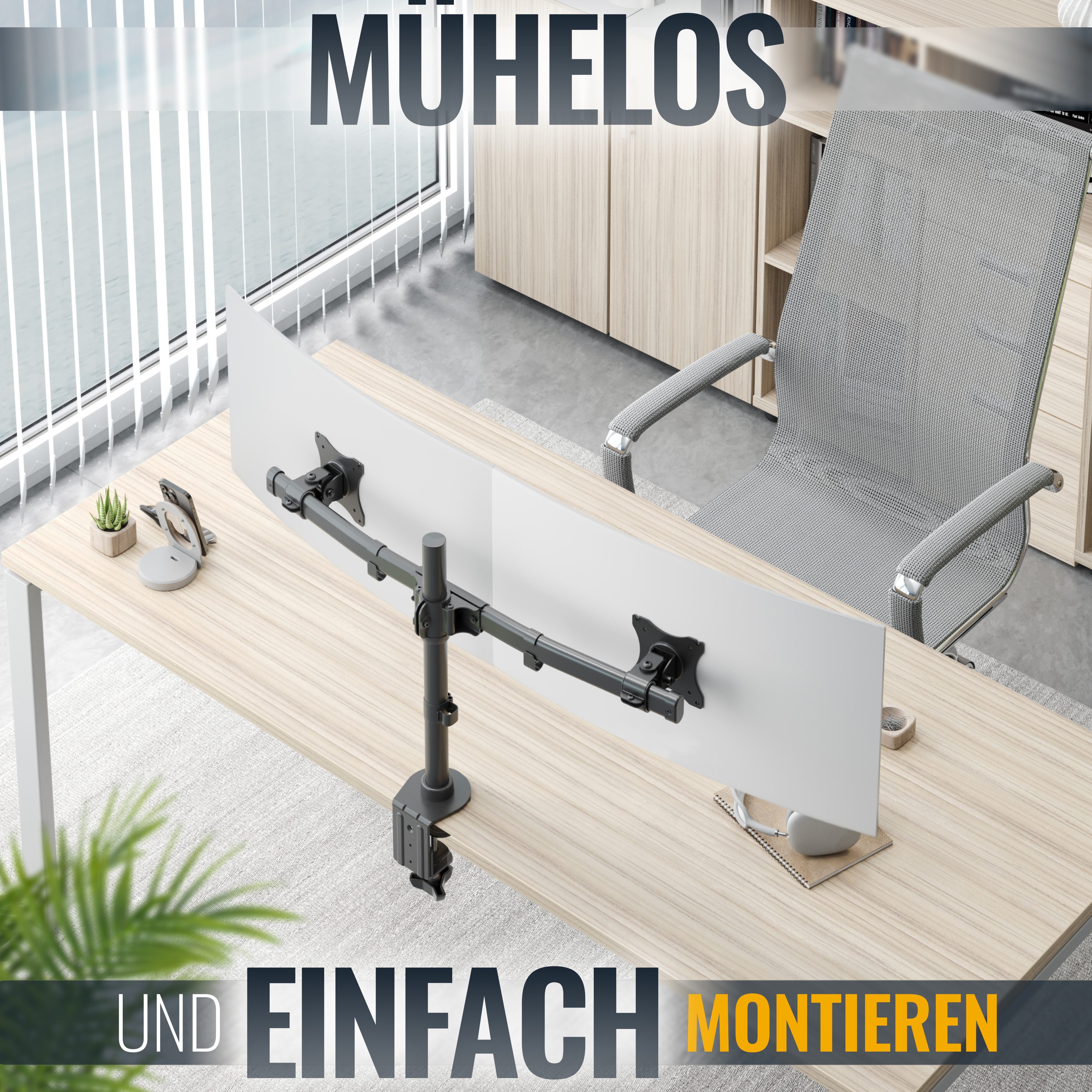 RICOO Monitor-Halterung Monitor Tischhalterung höhenverstellbar, für 2 Monitore TS7811, (bis 27 Zoll, VESA 75x75 und 100x100, 1-tlg., 10 kg pro Frontplatte, von 33-68 cm (13"-27) Bildschirm-Diagonale, neigbar bis 90°, schwenkbar bis zu 30°, vertikal verstellbar)