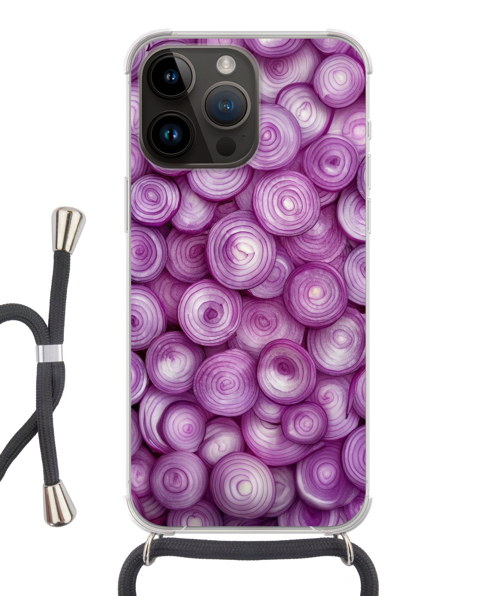 MuchoWow Handyhülle für Apple iPhone 14 Pro Lila - Zwiebeln - Nahaufnahme, Tragbare Handyhüllen mit Kette zum umhängen, Handykette Handyband