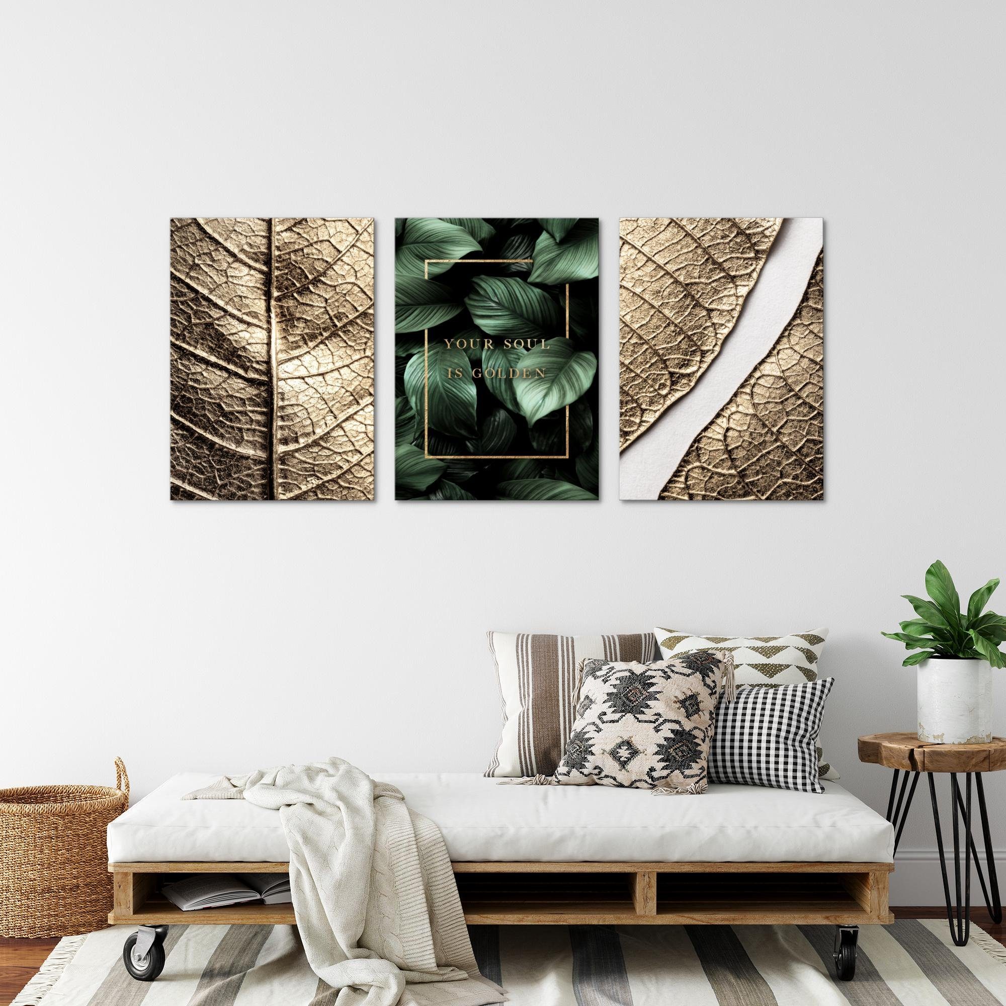 Novart Wandbild Wandbilder Set Goldene Blätter 3 Bilder 40x60 cm Wohnzimmer günstig online kaufen