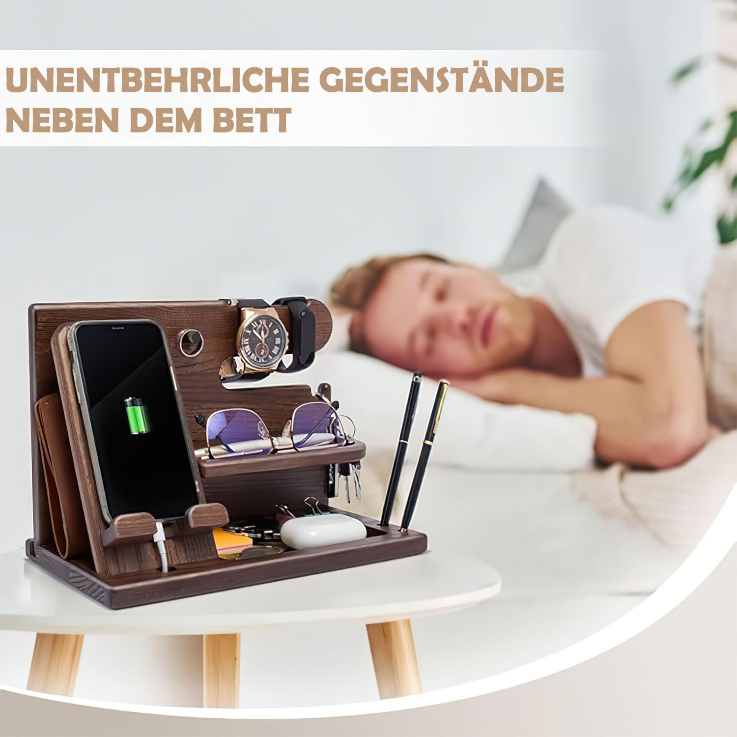 Refined Living Organizer Holz Telefon Dockingstation Geschenke für Männer & Frauen Geburtstag (Schreibtisch Nachttisch Organizer ladestation holz Büro Aufbewahr – Bild 4 von 5