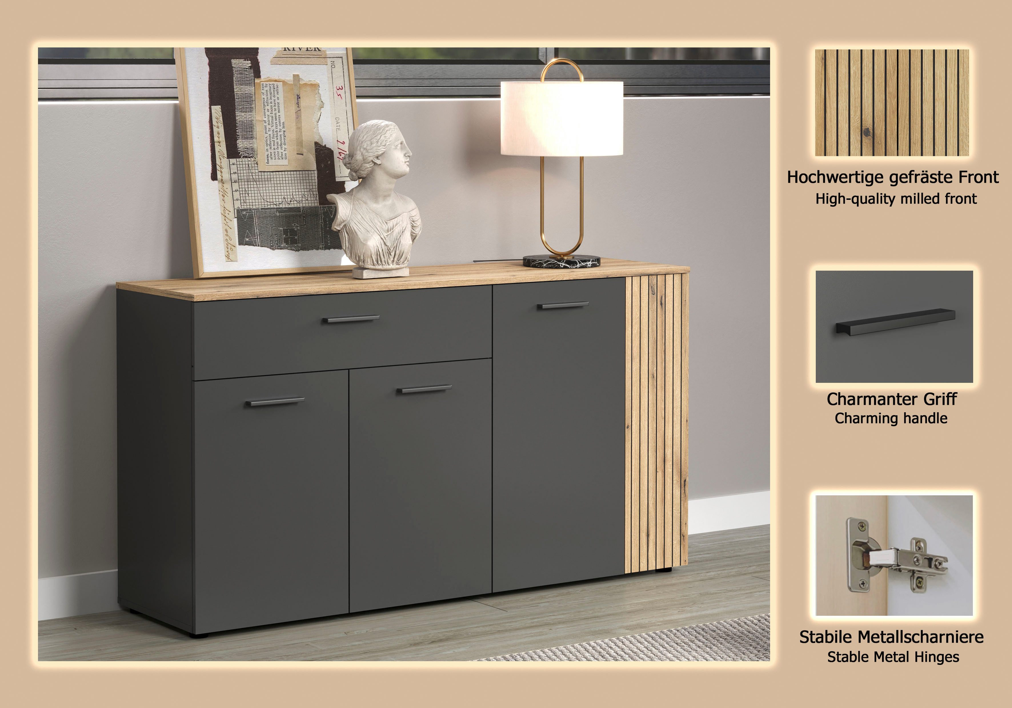 Home affaire Sideboard Estepona (1 St), Kommode, Akustikpaneel-Look; Breite 150 cm