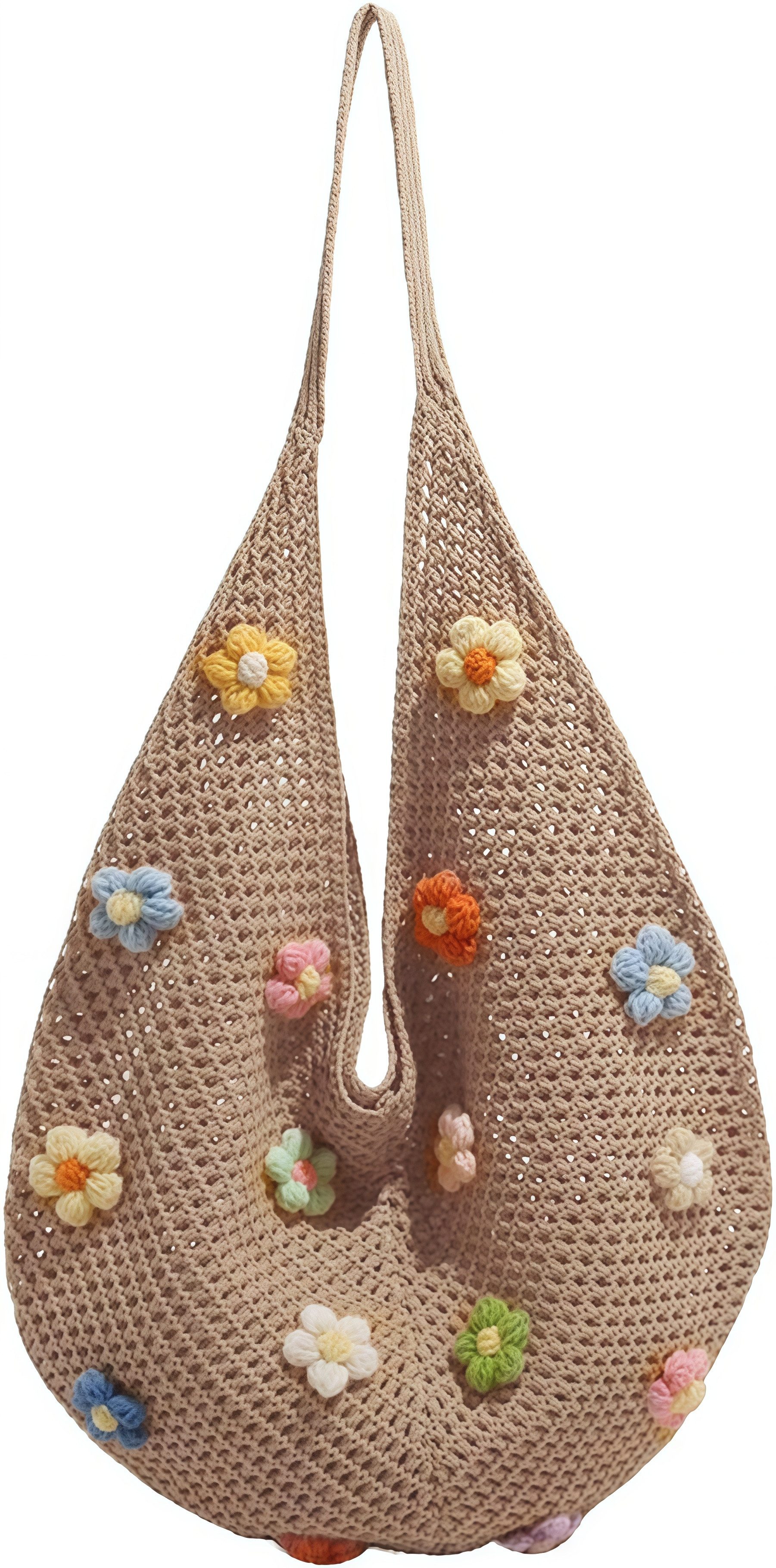 FOUORTUNATE-BEE Schultertasche Boho Häkeltasche mit bunten Blumen für Strand, Reise & Alltag, Gehäkelte Strandtasche mit Blumen für Reise und Aufbewahrung