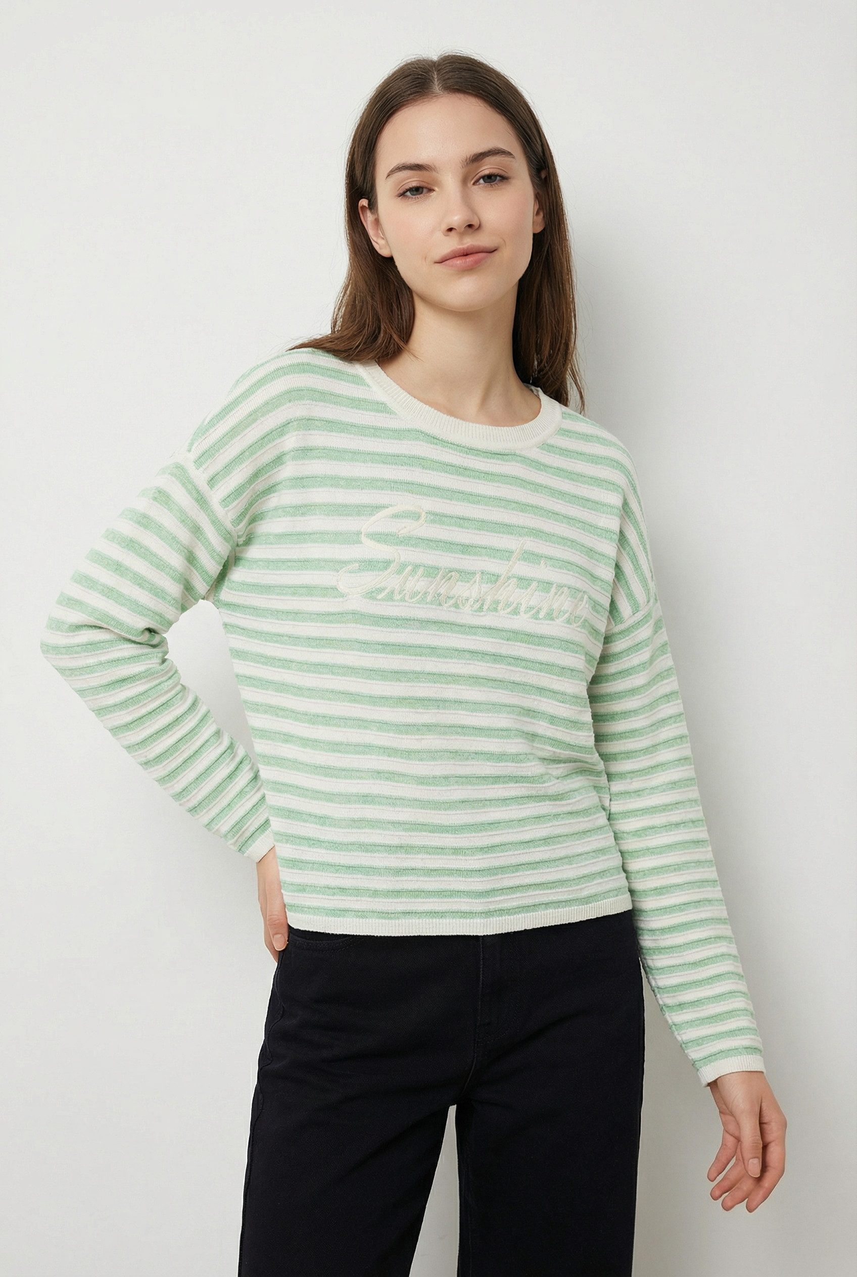 Vero Moda Strickpullover VMAPPLE LS O-NECK PULLOVER BOO mit trendigem "Sunshine" Schriftzug
