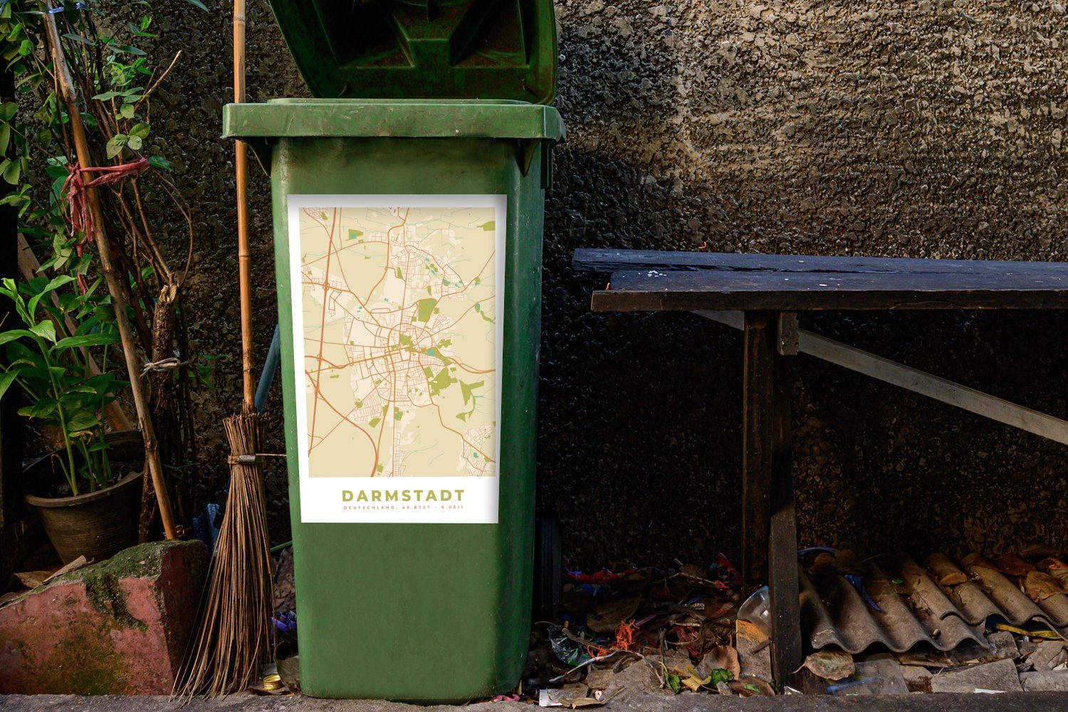 Stadtplan Mülltonne, Sticker, Karte - Container, - Abfalbehälter MuchoWow St), Mülleimer-aufkleber, - (1 Vintage Wandsticker Darmstadt