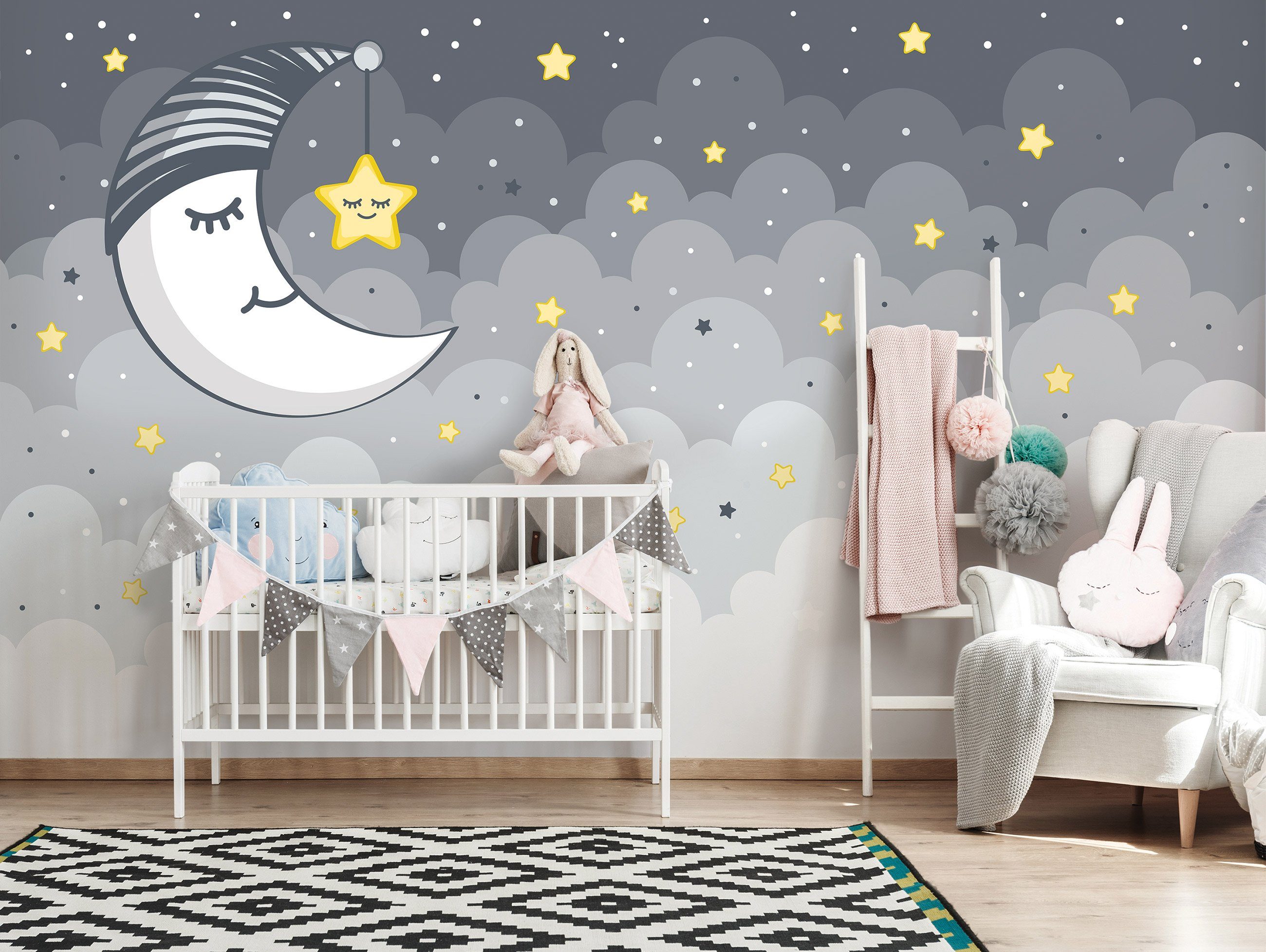 Motivtapete, für Himmel Wandtapete Vliestapete Glatt, Vlies Wallarena Mädchen Kinderzimmer inklusive Mädchenzimmer Fototapete Stern Kleister Babyzimmer Wolken oder Nacht, Mond Jungen Tapete Vliestapete Nacht