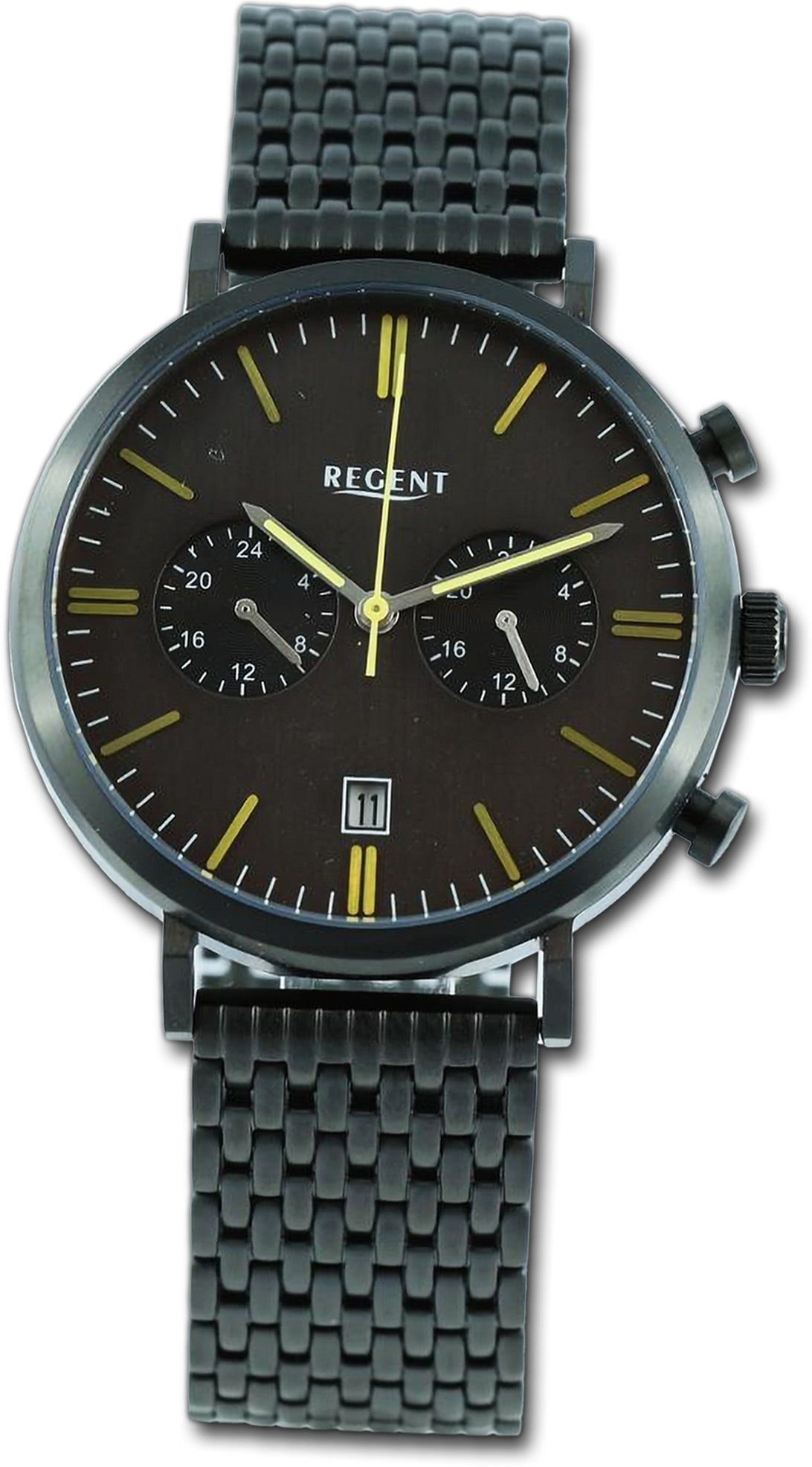 Regent Quarzuhr Regent Herren Armbanduhr Analog, Herrenuhr Metallarmband schwarz, rundes Gehäuse, extra groß (ca. 41mm)