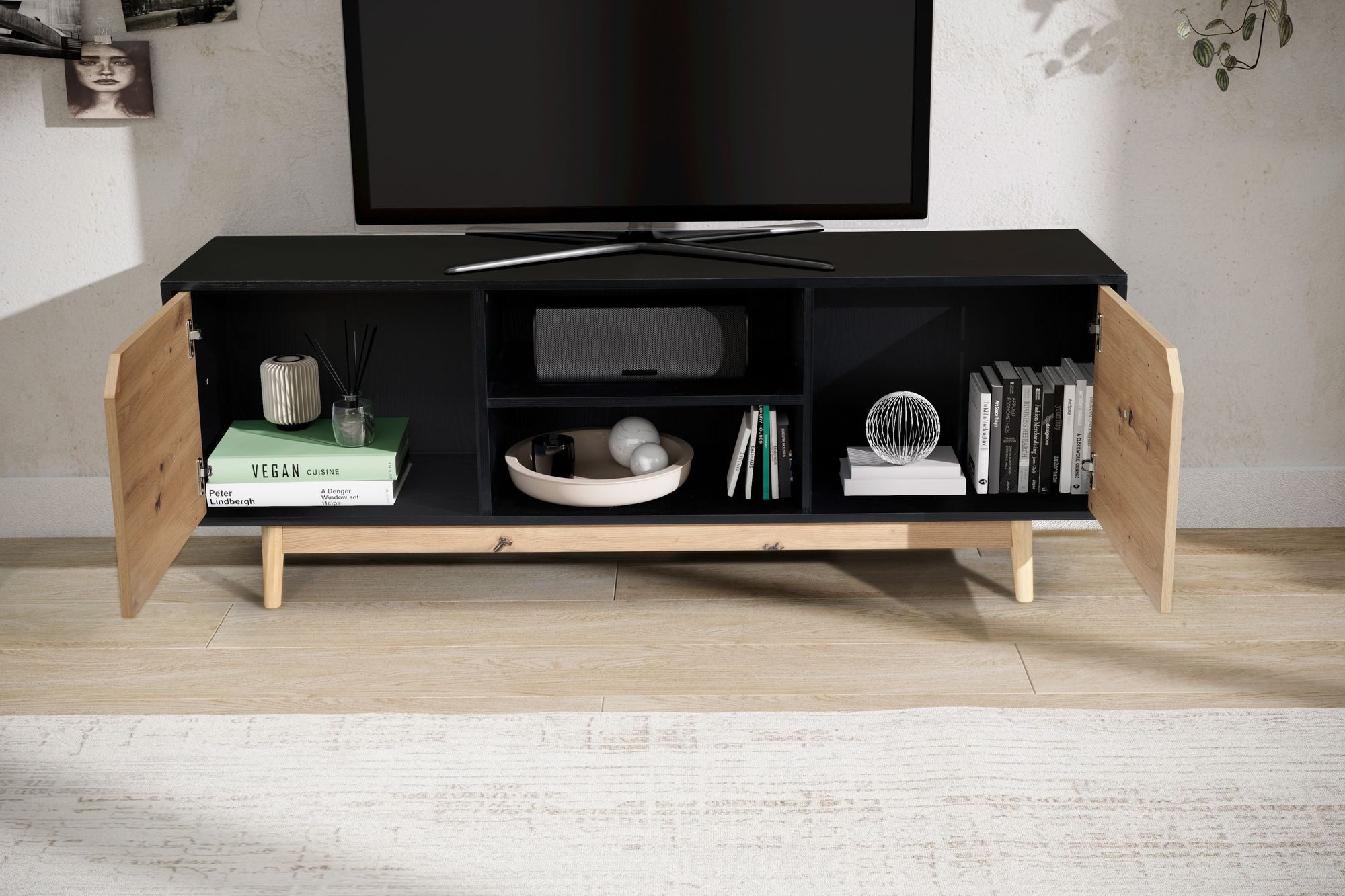 FINEBUY Lowboard FB100037 TV Schrank 150 cm Fernsehkommode Fernsehschrank Schwarz Eiche (Schwarz Eiche-Dekor, 150x55x40 cm, zwei Türen), TV-Schrank Modern Fernsehtisch, TV-Kommode Hoch
