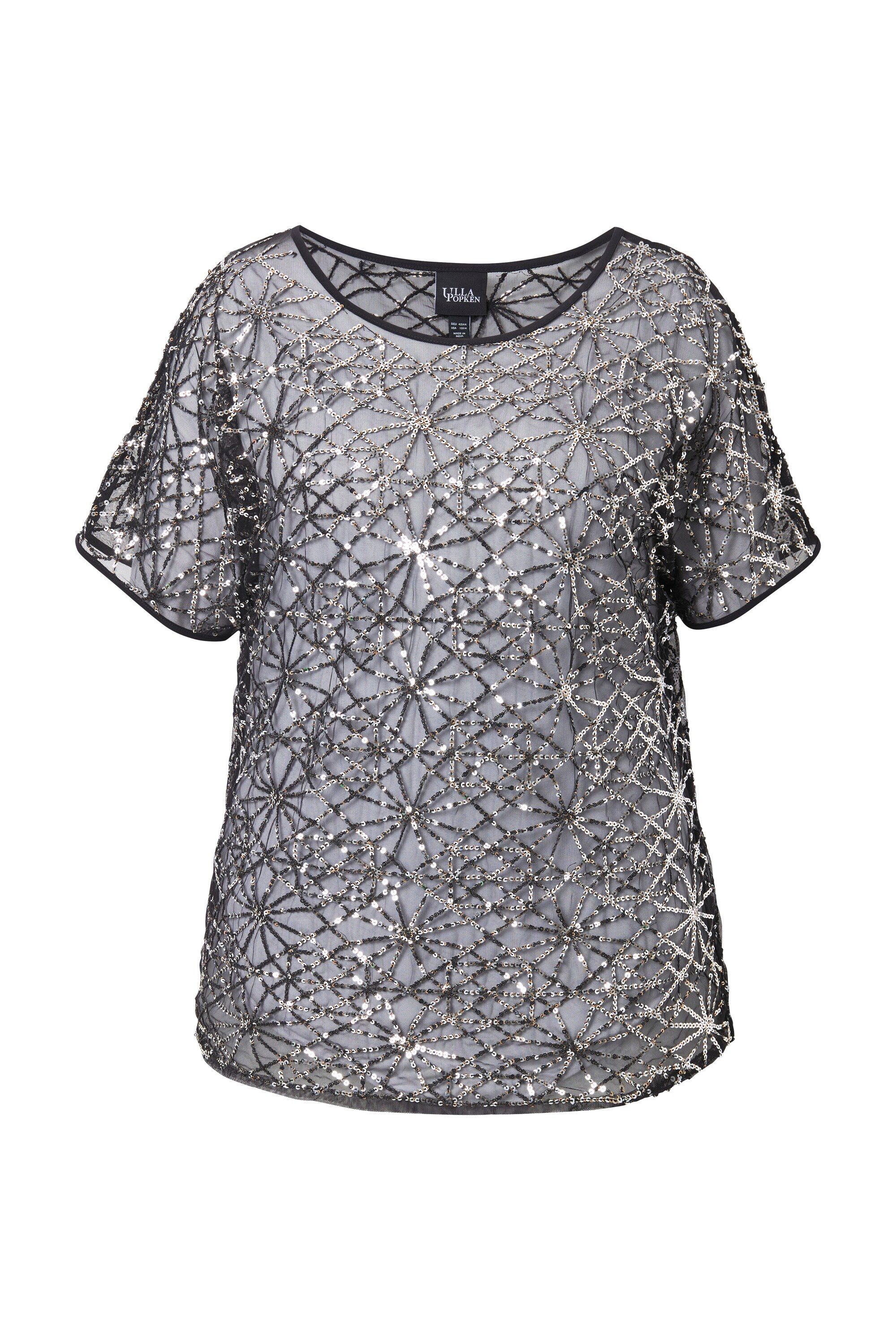 Ulla Popken Druckbluse Mesh-Bluse Pailletten Oversized Rundhals ärmellos günstig online kaufen