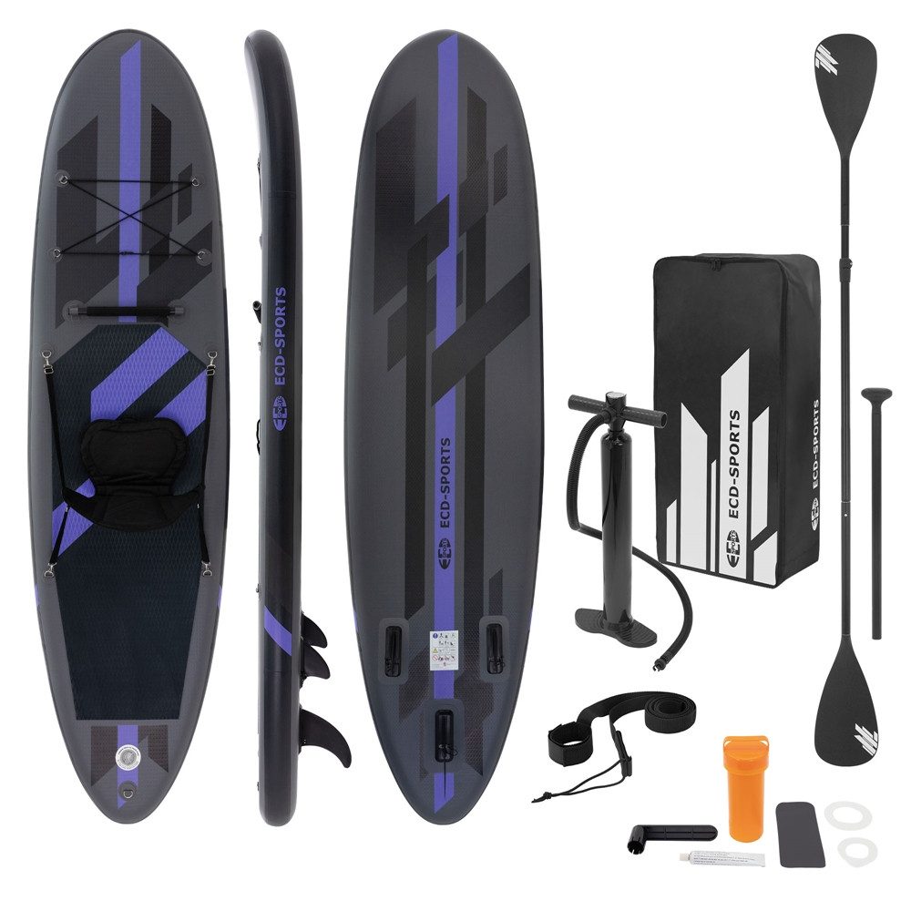 ECD Germany SUP-Board Aufblasbares SUP Board mit Kajaksitz inkl Komplett Set Paddle Board, Stand-Up Paddle-Board, Aufblasbares Surfboard Schwarz mit Kajaksitz & Anti-Rutsch Belag