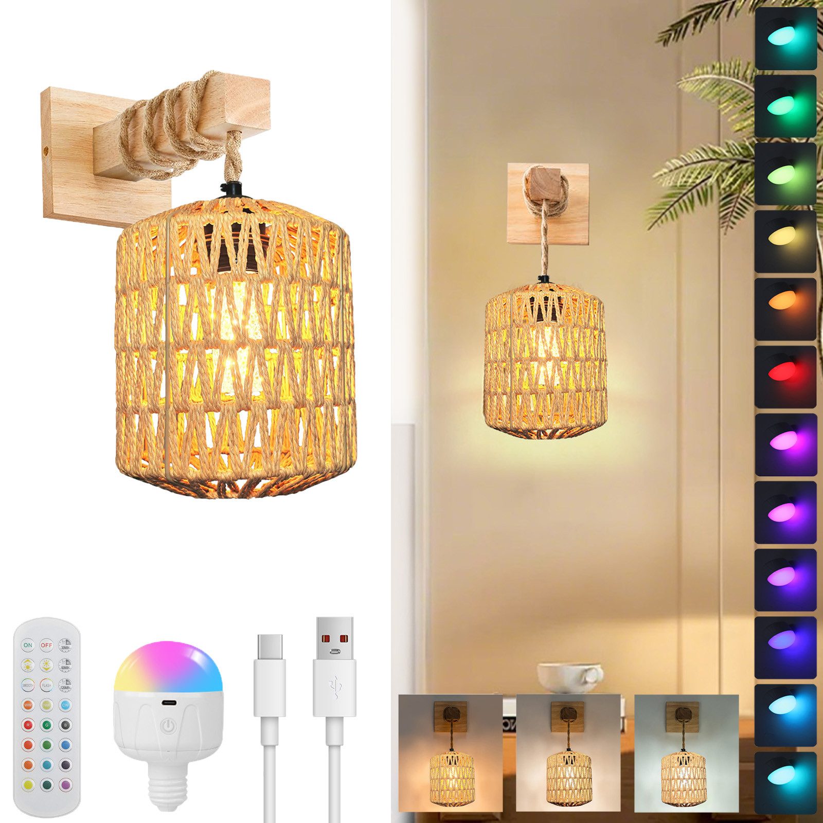 Jibenhome LED Nachtlicht Boho Rattan Wandleuchte günstig online kaufen