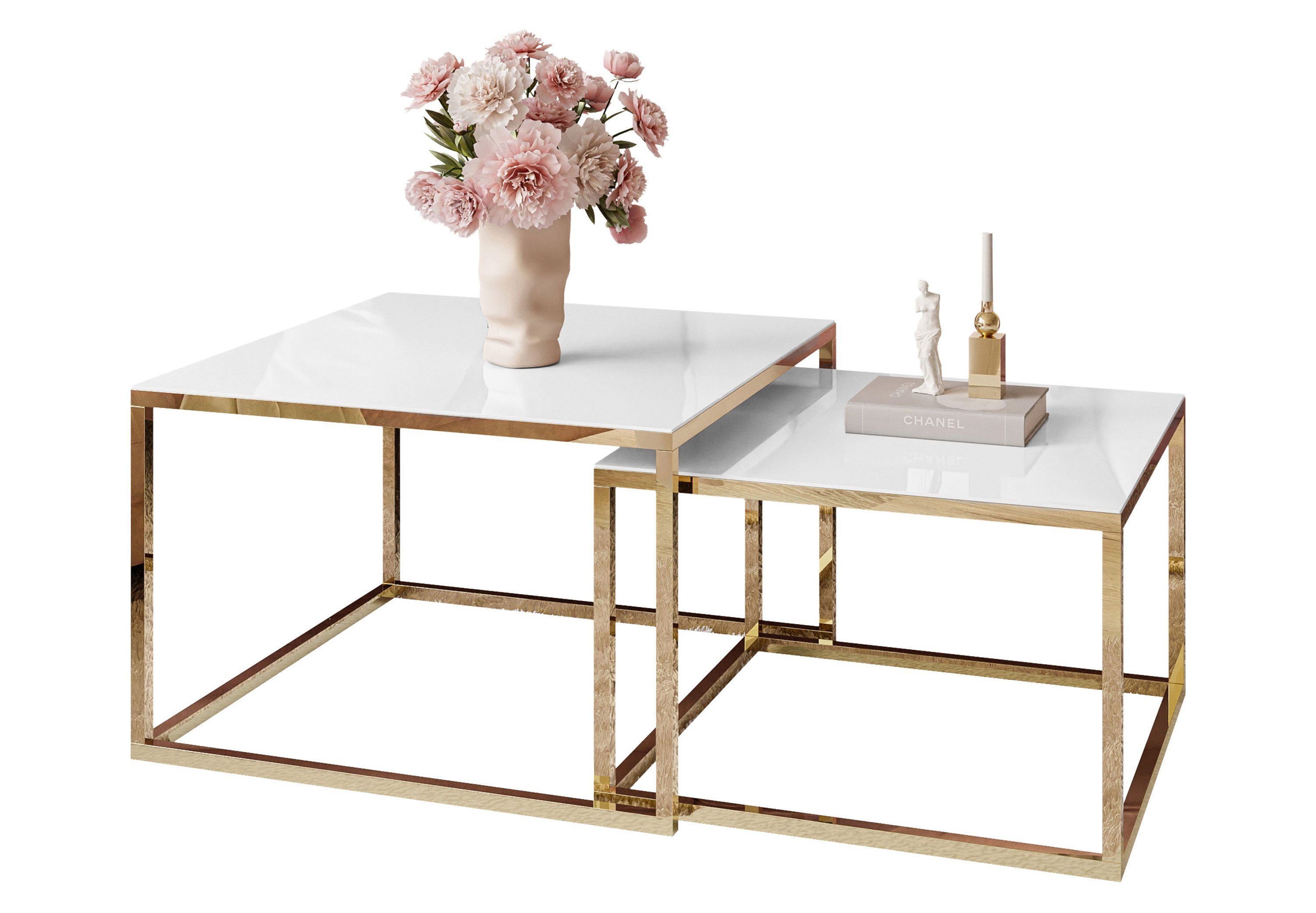 Lookway Couchtisch YOSHI GLASS 2in1 mit Goldenem Chromgestell (2er-Set), Breite: 70 cm und 60 cm, Höhe: 41 cm und 35 cm