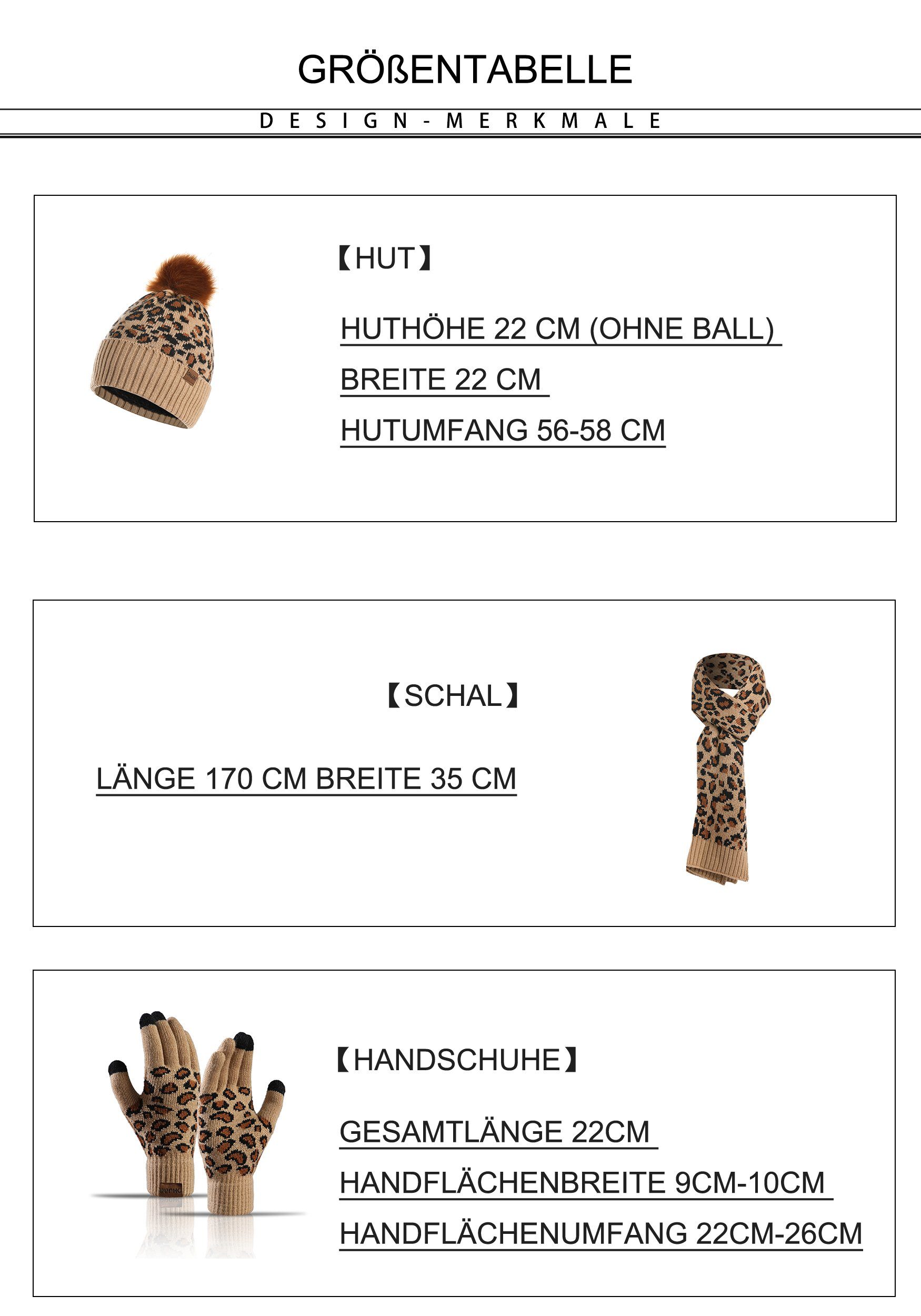 Set Mütze Schal Schal MAGICSHE Braun Handschuhe & Leopardenmuster