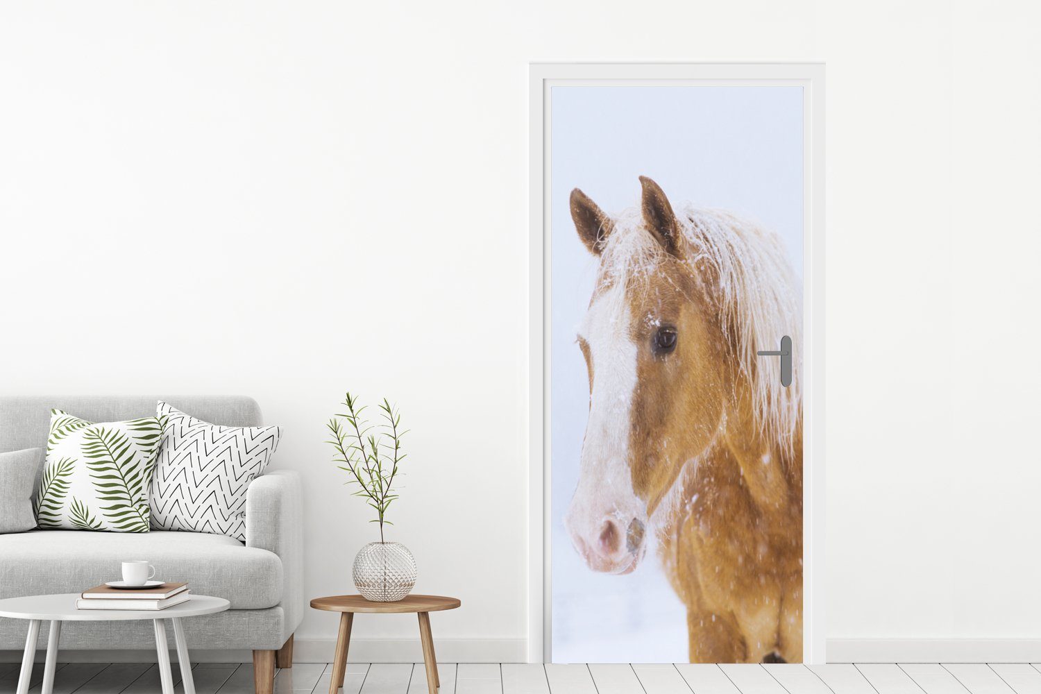 MuchoWow Türtapete Pferd 75x205 für (1 Winter, Schnee Matt, Tür, bedruckt, Türaufkleber, cm - - St), Fototapete