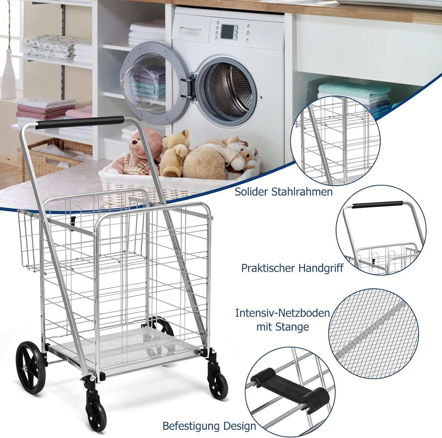 Körbe, klappbar, & Einkaufswagen, Rollen mit 2 150 Handwagen kg KOMFOTTEU belastbar silber bis