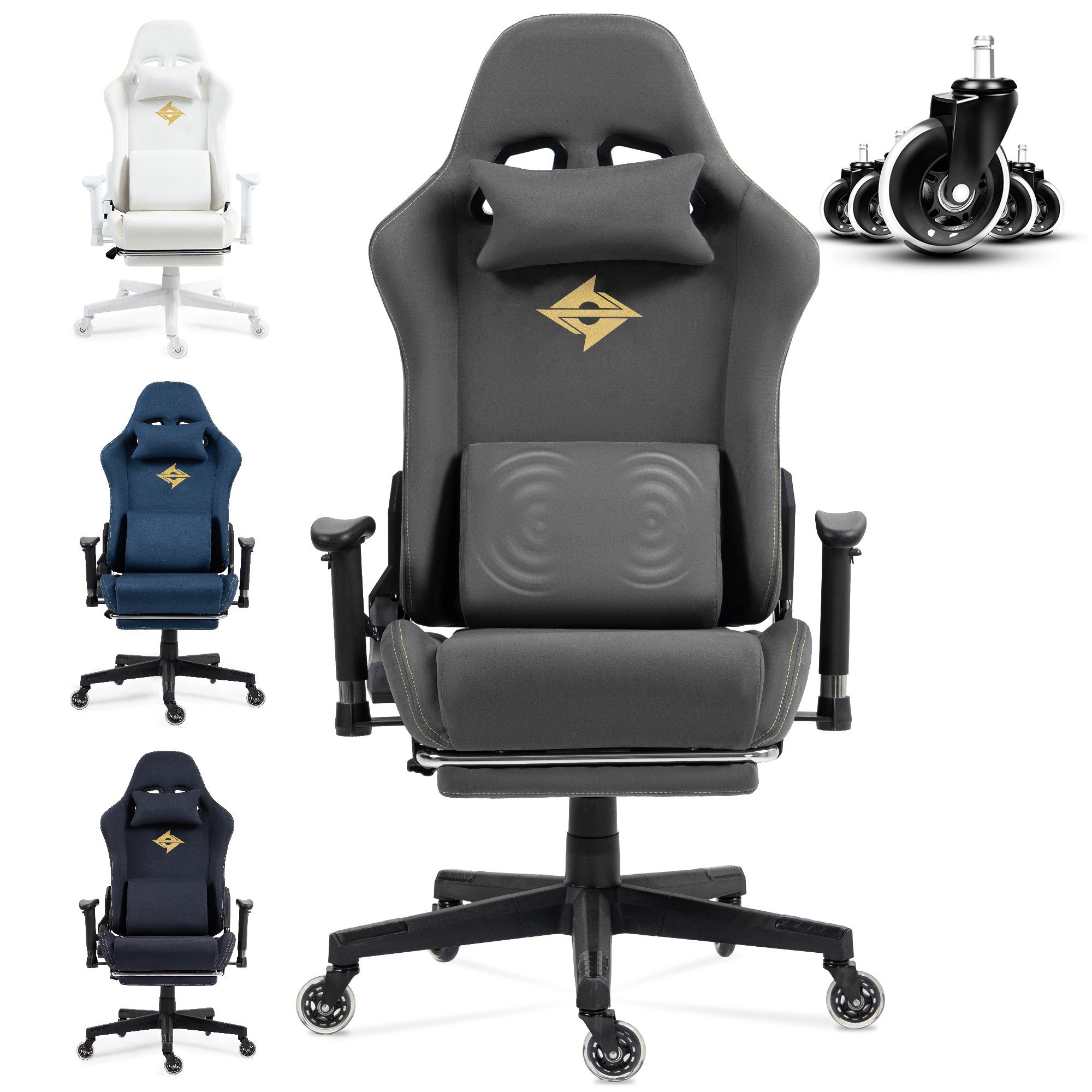 Dowinx Gaming-Stuhl Bürostuhl Schreibtischstuhl Massage Gaming Stuhl, 360-Grad-drehbare, mit Luxuriöser Wildleder-Stoff, mit Seidig Glatte Große Räder