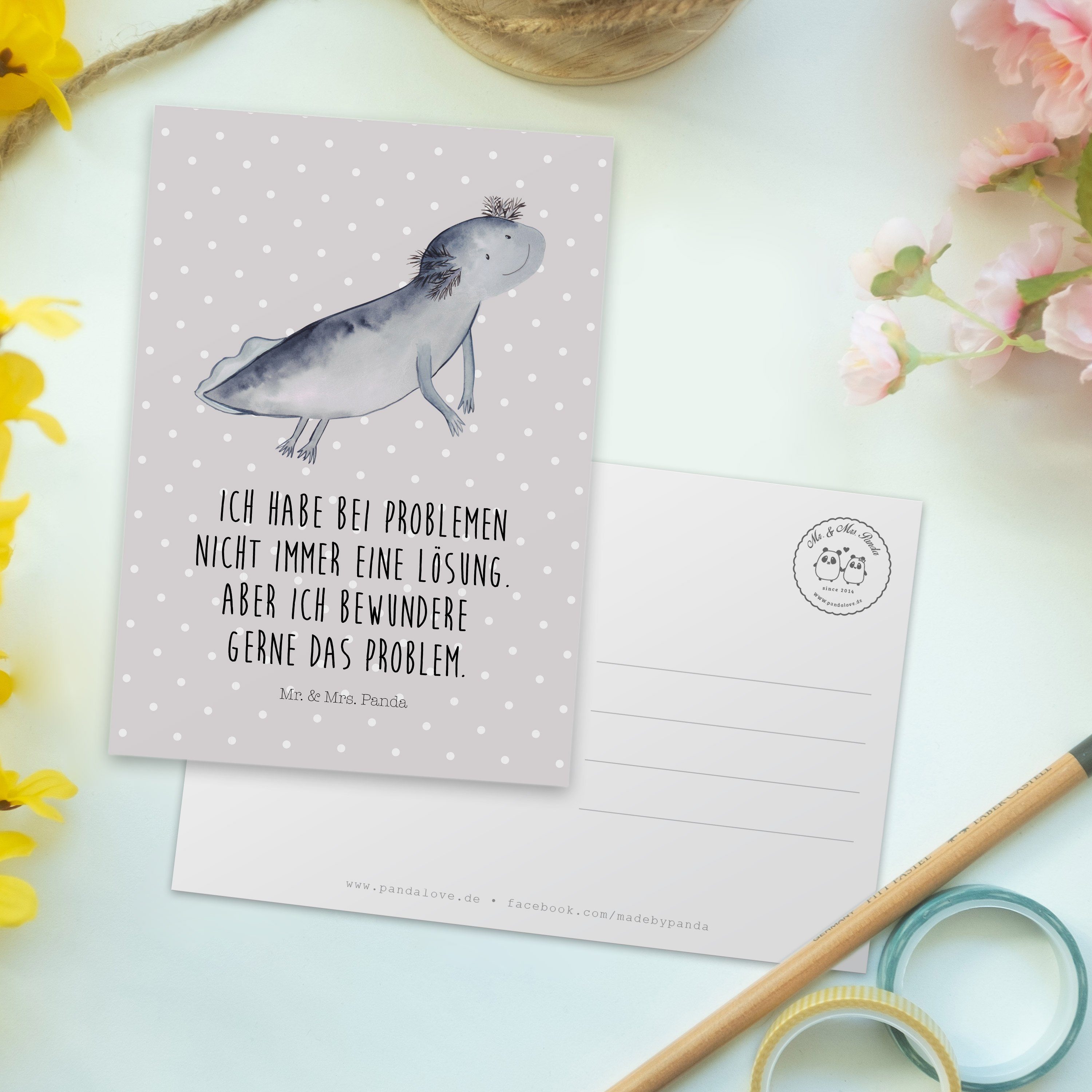 Einladungskarte, Pastell Postkarte - Mrs. schwimmt & Panda Grau Geburtst Axolotl Mr. Geschenk, -