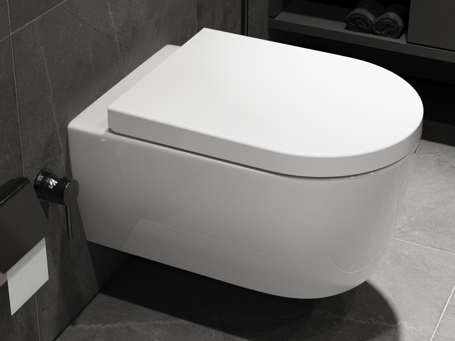 Wand Tiefspül-WC Design m. Hänge-WC Rand, ohne waagerecht, Keramik Tahara, WC Absenkautomatik SSWW Spülrandlos WC