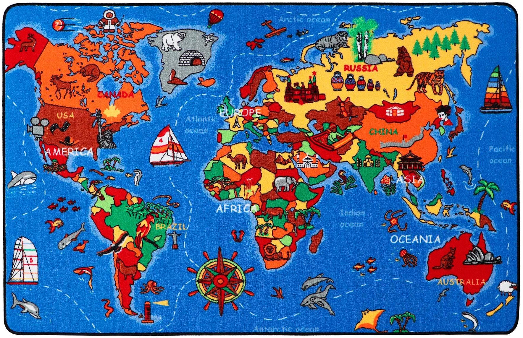 Lehrreiche UNTERHALTSAME farbenfrohe Weltkarte Spielteppich Länder & Meere Kinderteppich 95x200cm