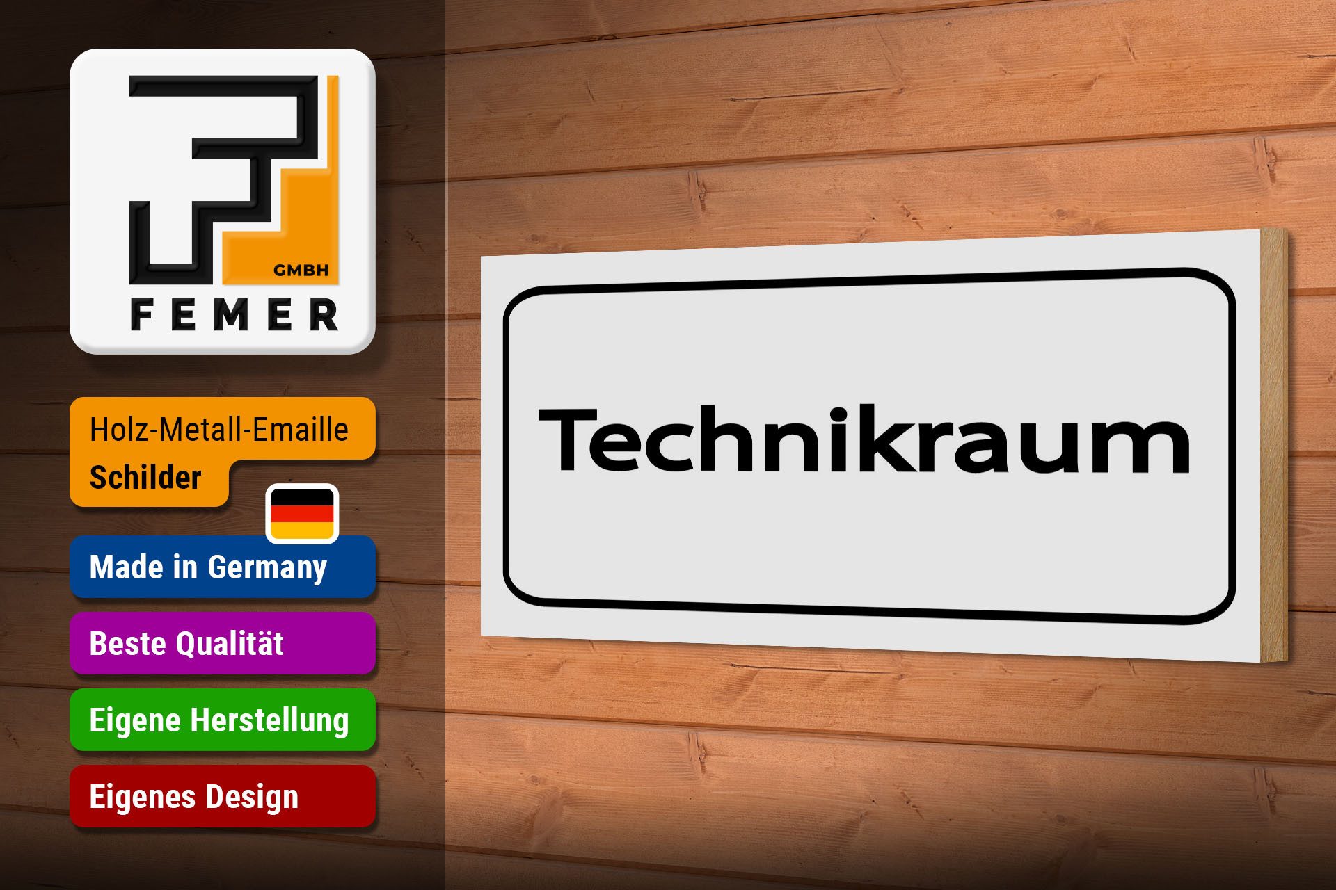 Femer GmbH Holzbild Hinweis 27x10 cm Technikraum weißes, (1 St), Glatte Holzfaserplatte (MDF), vorn beschichtet