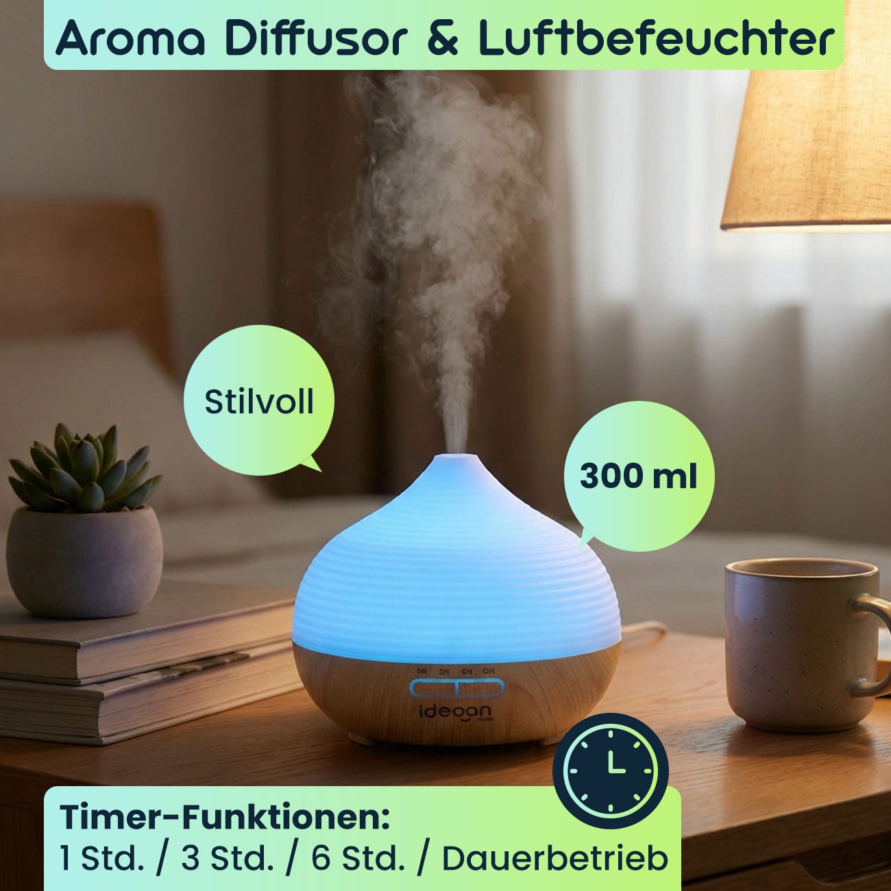 shop'n smile ideoon Luftbefeuchter Stilvoller Aroma Diffusor & Luftbefeuchter mit RGB Farblicht und Timer, 0,3 l Wassertank, Dauerbetrieb (ON), Kabellänge: 150 cm
