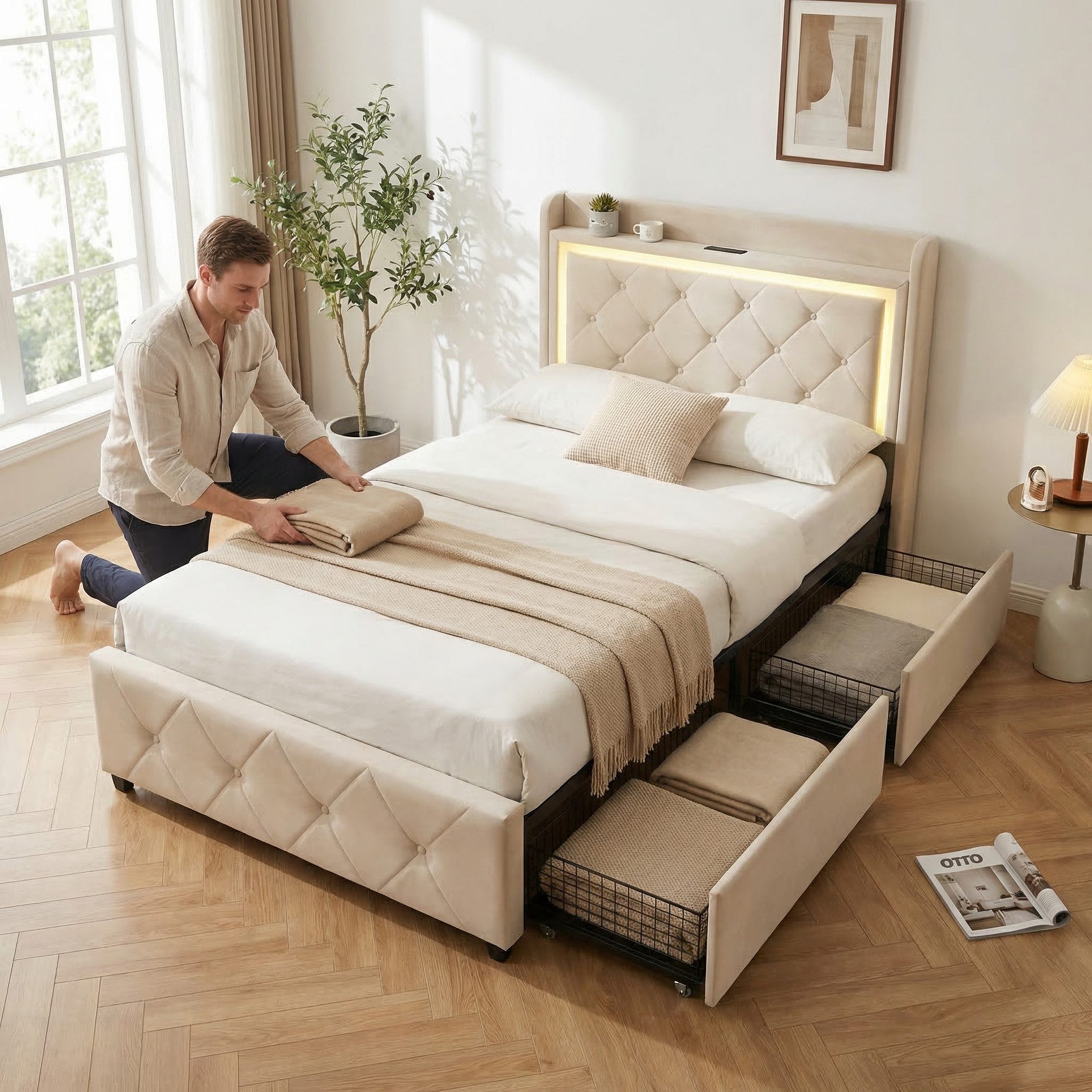 Furnishings Home Polsterbett LED Doppelbett 140x200cm, Stauraumbett mit Kopfteil und 4 Schubladen (Samtmaterial Polsterbett mit RGB Beleuchtung), mit Lattenrost und Ladefunktion, mit Komforthöhe, Leises Design Bett