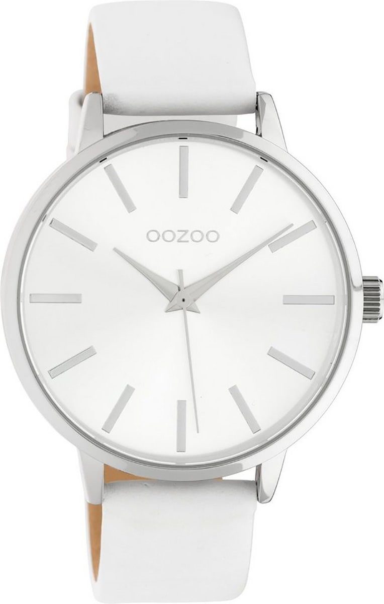 OOZOO Quarzuhr Oozoo Damen Armbanduhr weiß, (Analoguhr), Damenuhr rund, groß (ca. 42mm) Lederarmband, Fashion-Style