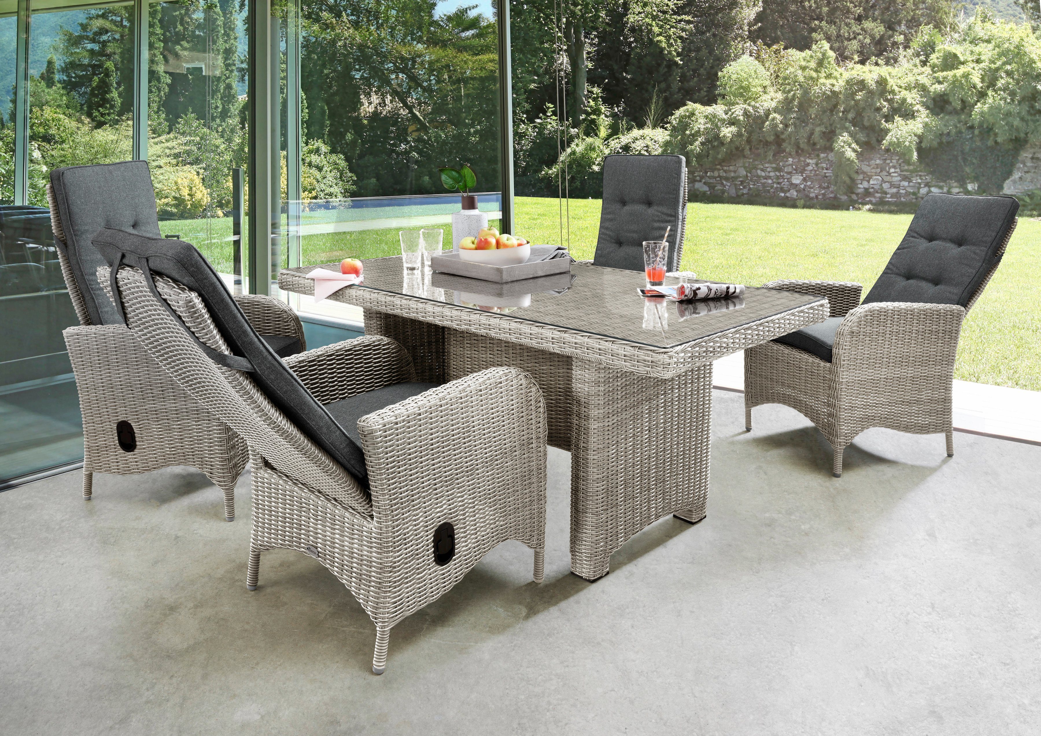 Destiny Garten-Essgruppe PALMA LUNA 4 HL + Tisch 165x90cm, vintage weiß, (Set, 4 Hochlehner verstellbar inkl. Polster, 1 Tisch m. aufgel. Glasplatte), Aluminium, Polyrattan