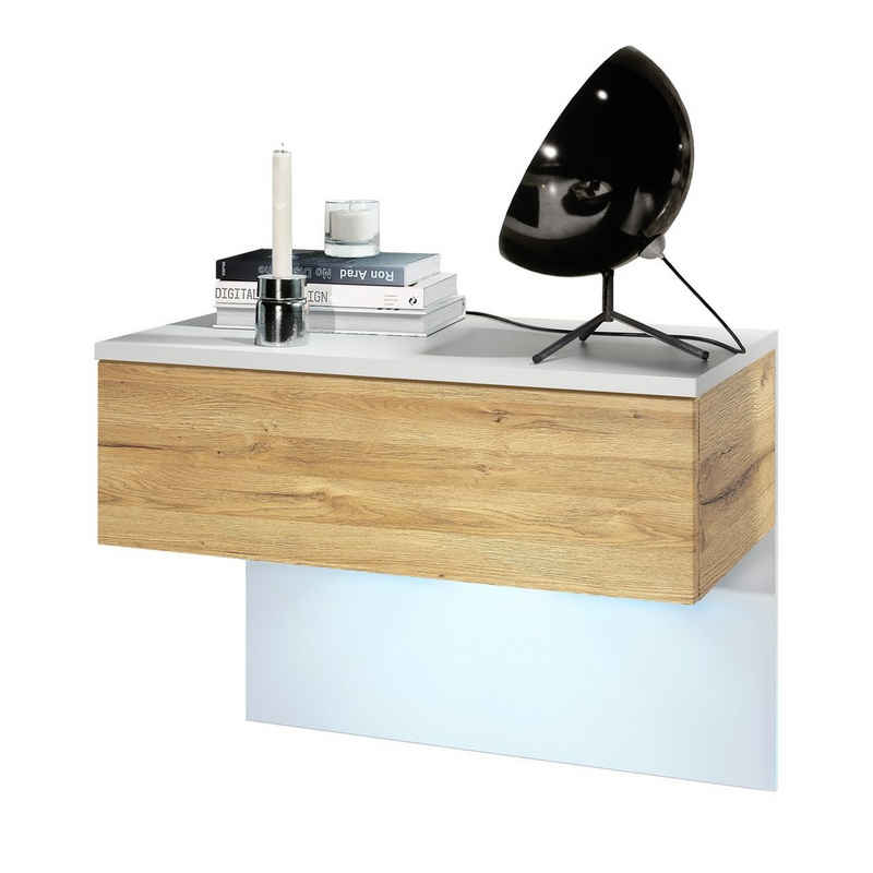 Vladon Nachttisch Sleep (Nachttischschrank, mit Schublade zur Wandmontage), Weiß matt/Eiche Natur, inkl. LED-Beleuchtung (60 x 46 x 35 cm)
