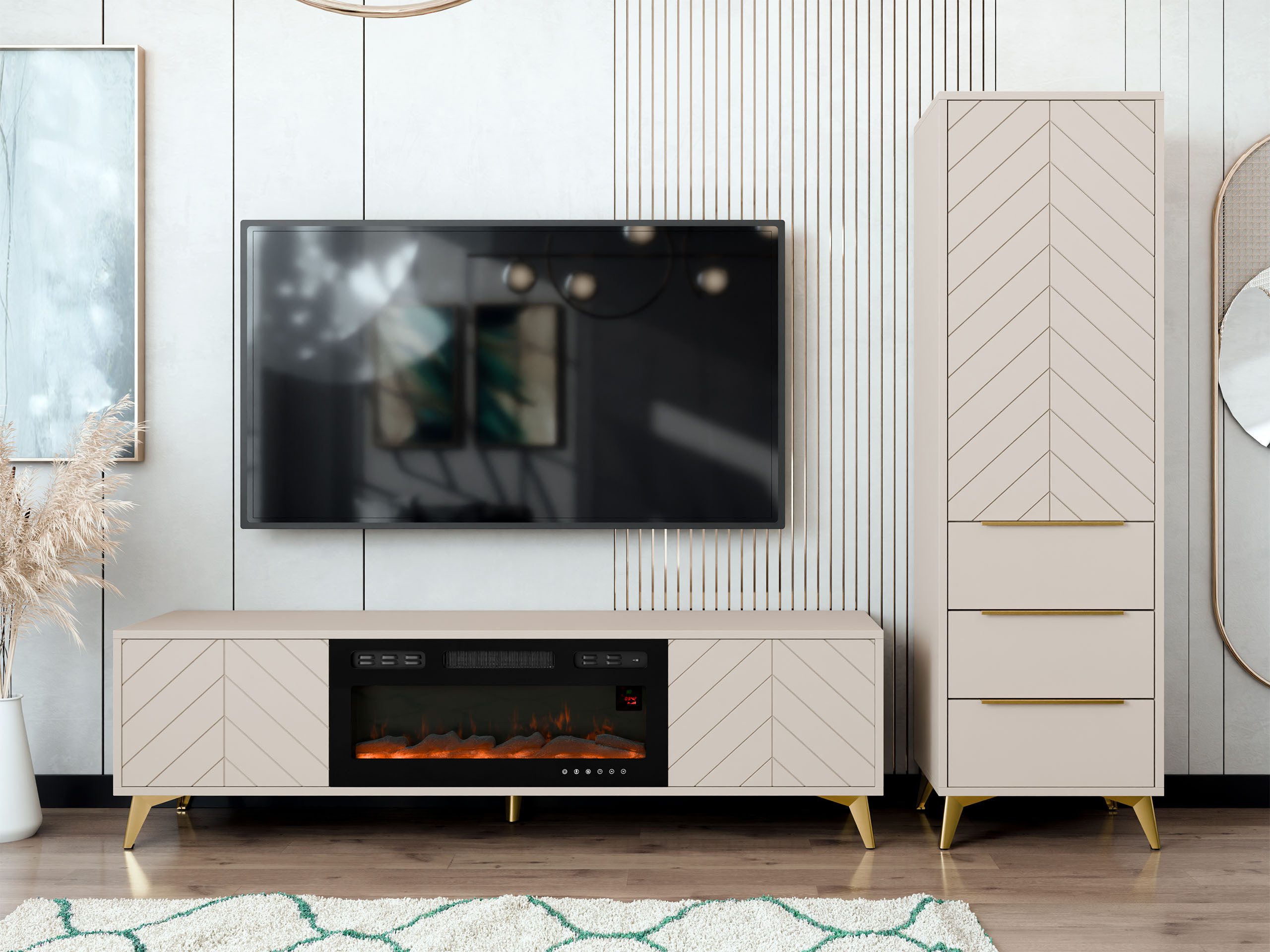 MIRJAN24 Wohnzimmer-Set Xylix III, (2er-Set, Kleiderschrank, TV-Lowboard mit Kamin), Griffe und Füße aus Metall in der Farbe Gold