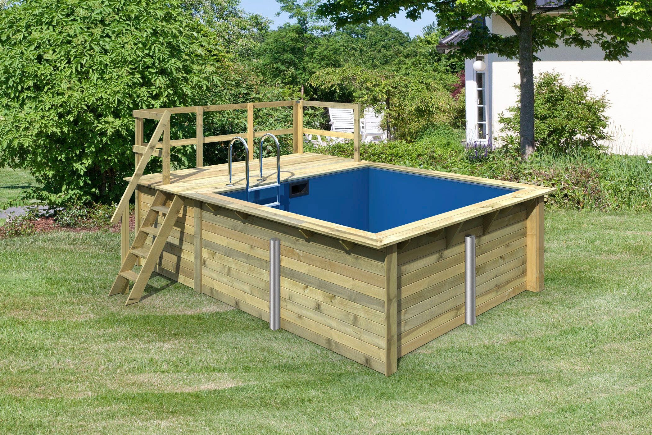 Karibu Rechteckpool Holzpool Milano A, BxLxH: 353x320x124 cm, kesseldruckimprägniert mit Sonnenterasse