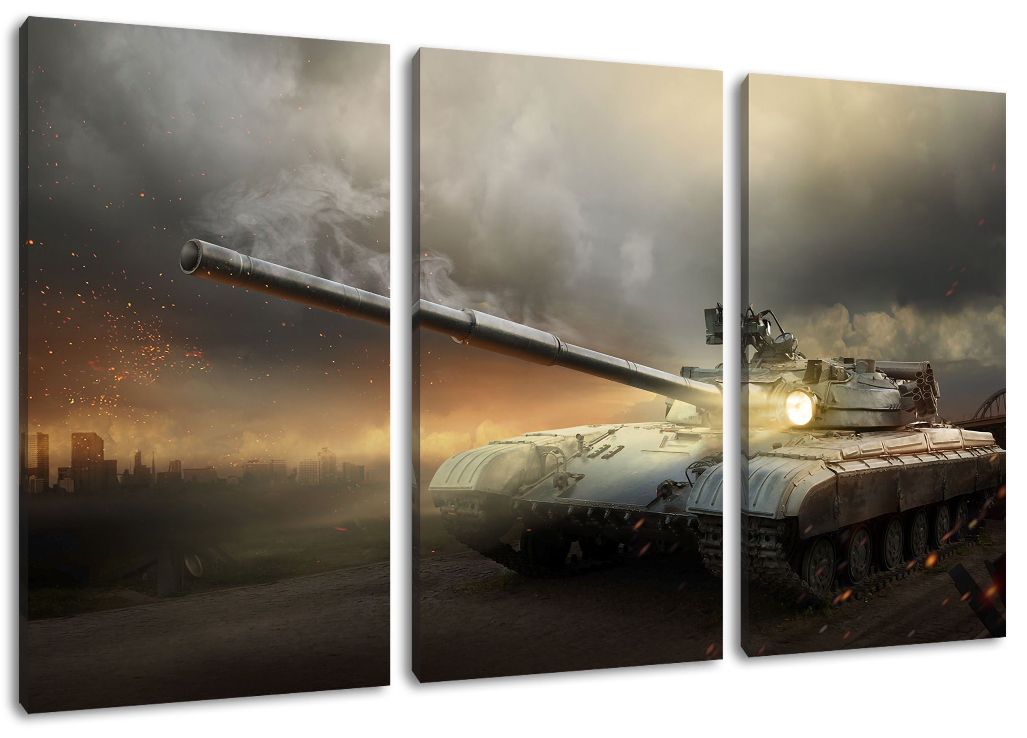 Pixxprint Leinwandbild Panzer im Nebel, Panzer im Nebel 3Teiler (120x80cm) (1 St), Leinwandbild fertig bespannt, inkl. Zackenaufhänger