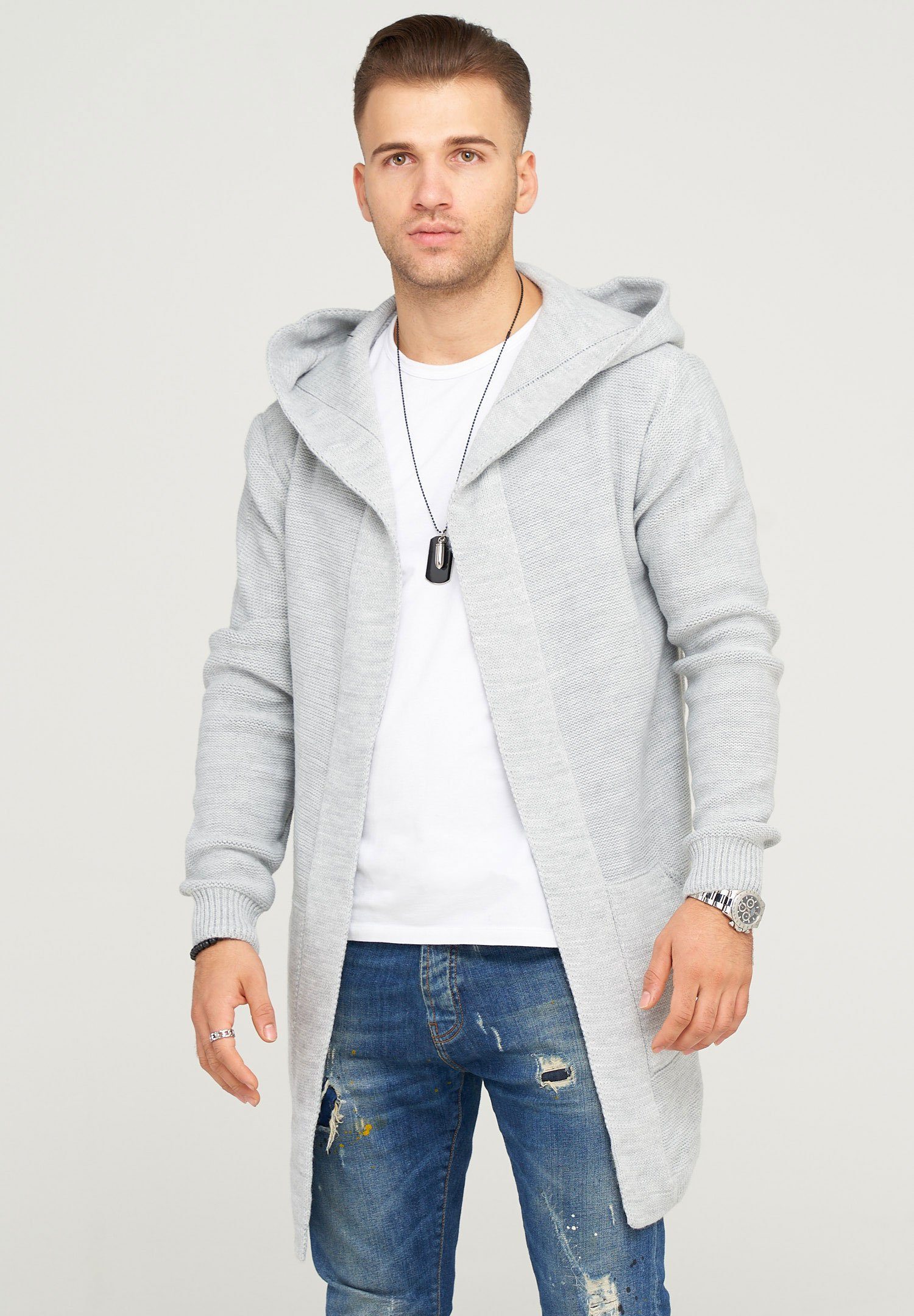 grau Strickjacke JAROMIR behype Kapuze kuscheliger mit