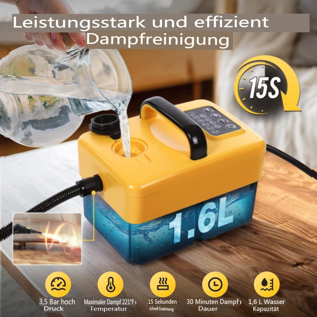 Insma Handdampfreiniger, 1500 W, 1,6L 6-stufig einstellbar, Hochdruck mit Spülmodus, 15s Aufheizen