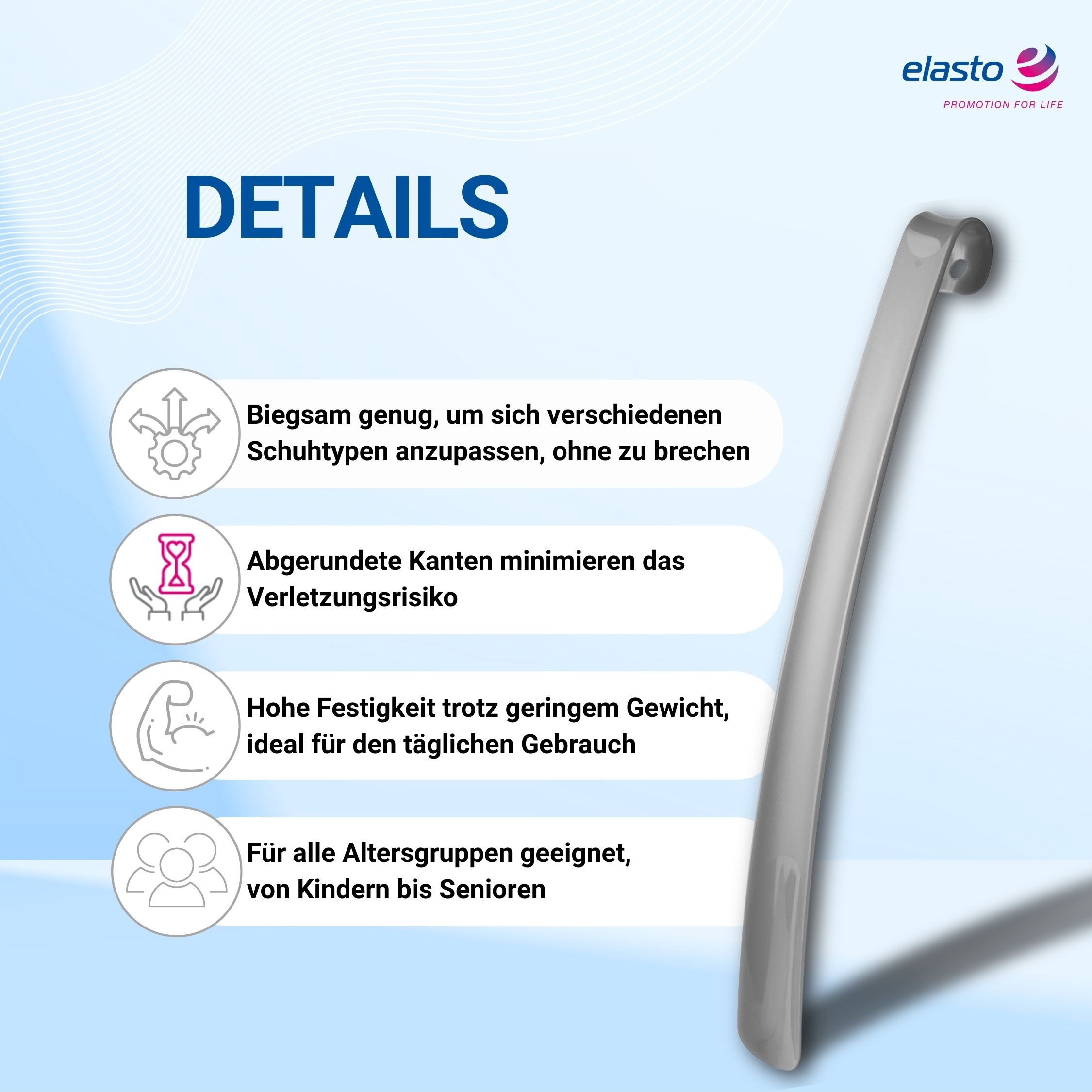 elasto Schuhlöffel Langer Schuhanzieher mit praktischer Öse zum Aufhängen