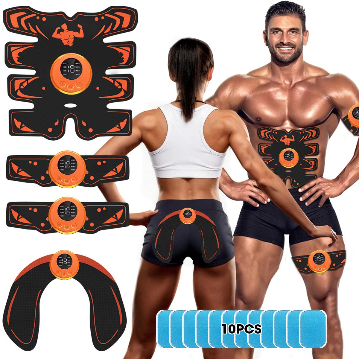 FOSMET Bauchtrainer 2025 NEW EMS Trainingsgerät, EMS Bauchmuskeltrainer Elektrisch (4 Stück,effektives Training von Bauch,Rücken,Taille,Gesäß,Armen,Beinen,für Herren und Damen zum Muskelaufbau, 3-in-1 USB,Bauchtrainer EMS Trainingsgerät,für Herren und Damen zum), 8 Modi & 19 Intensitäten, Ganzkörper ABS/Bauch/Arm/Bein/Po Trainer