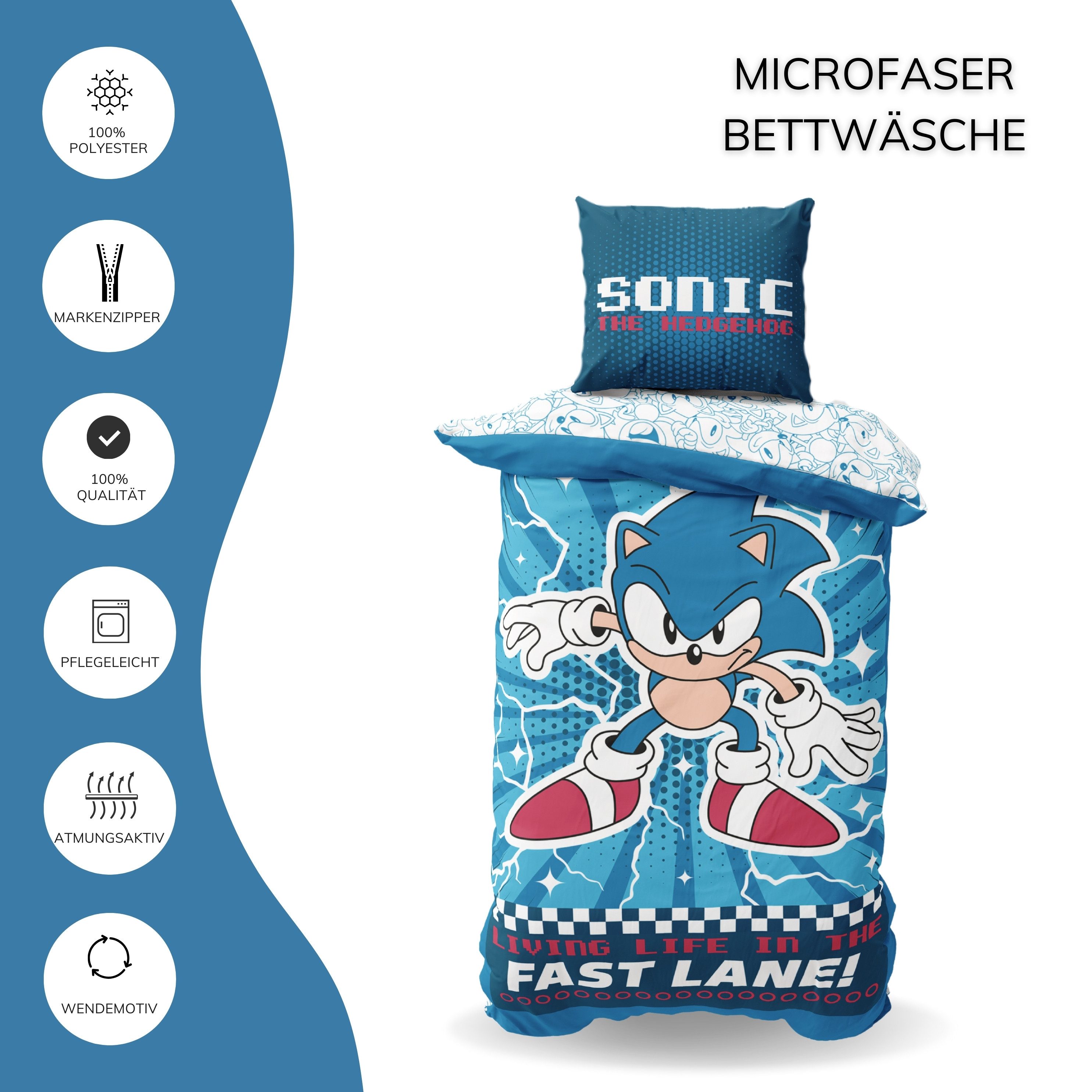 MTOnlinehandel Kinderbettwäsche Sonic the Hedgehog, Geschenk für Gamer, Mikrofaser, 2 teilig, Wendebettwäsche in 135x200 + 80x80 cm, Gaming – Bild 5 von 5