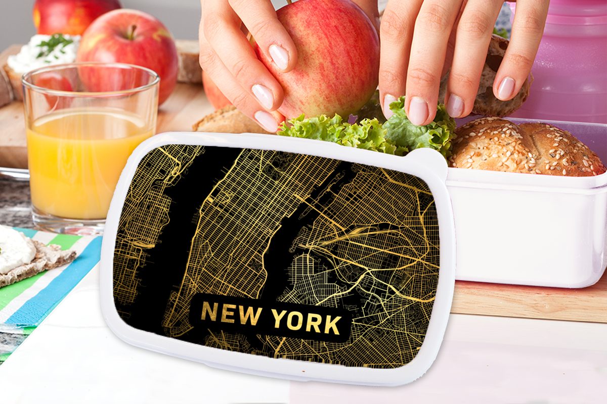 MuchoWow Lunchbox New York und Kunststoff, - Brotdose, Kinder Karte Brotbox für und Erwachsene, Mädchen - weiß für Jungs Zusammenfassung, (2-tlg)