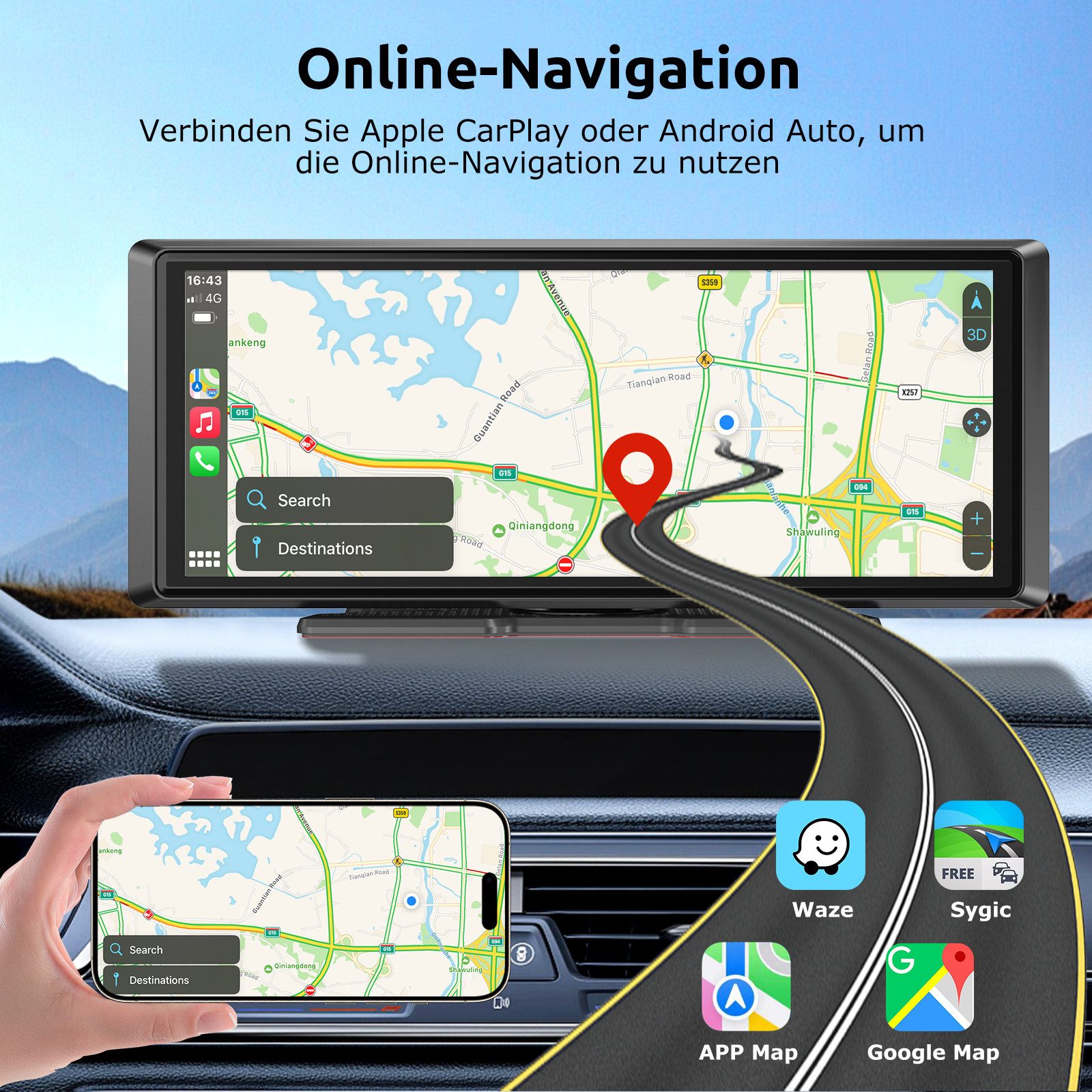 ESSGOO Tragbar Kabellos Apple Carplay Android Auto 8" Touchscreen Bluetooth Navigationsgerät (Autoradio Bluetooth Sprachsteuerung) – Bild 5 von 5