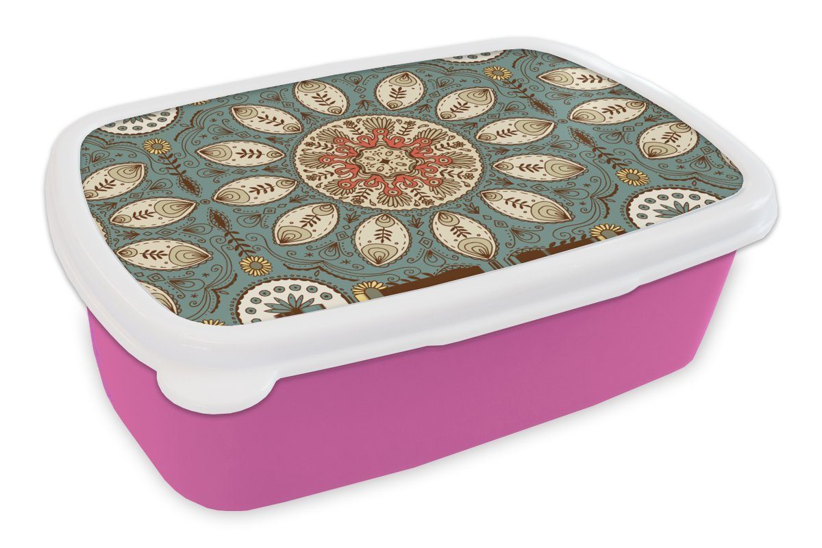 MuchoWow Lunchbox Mandala - Retro - Bohème - Muster, Kunststoff, (2-tlg), Brotbox für Erwachsene, Brotdose Kinder, Snackbox, Mädchen, Kunststoff rosa