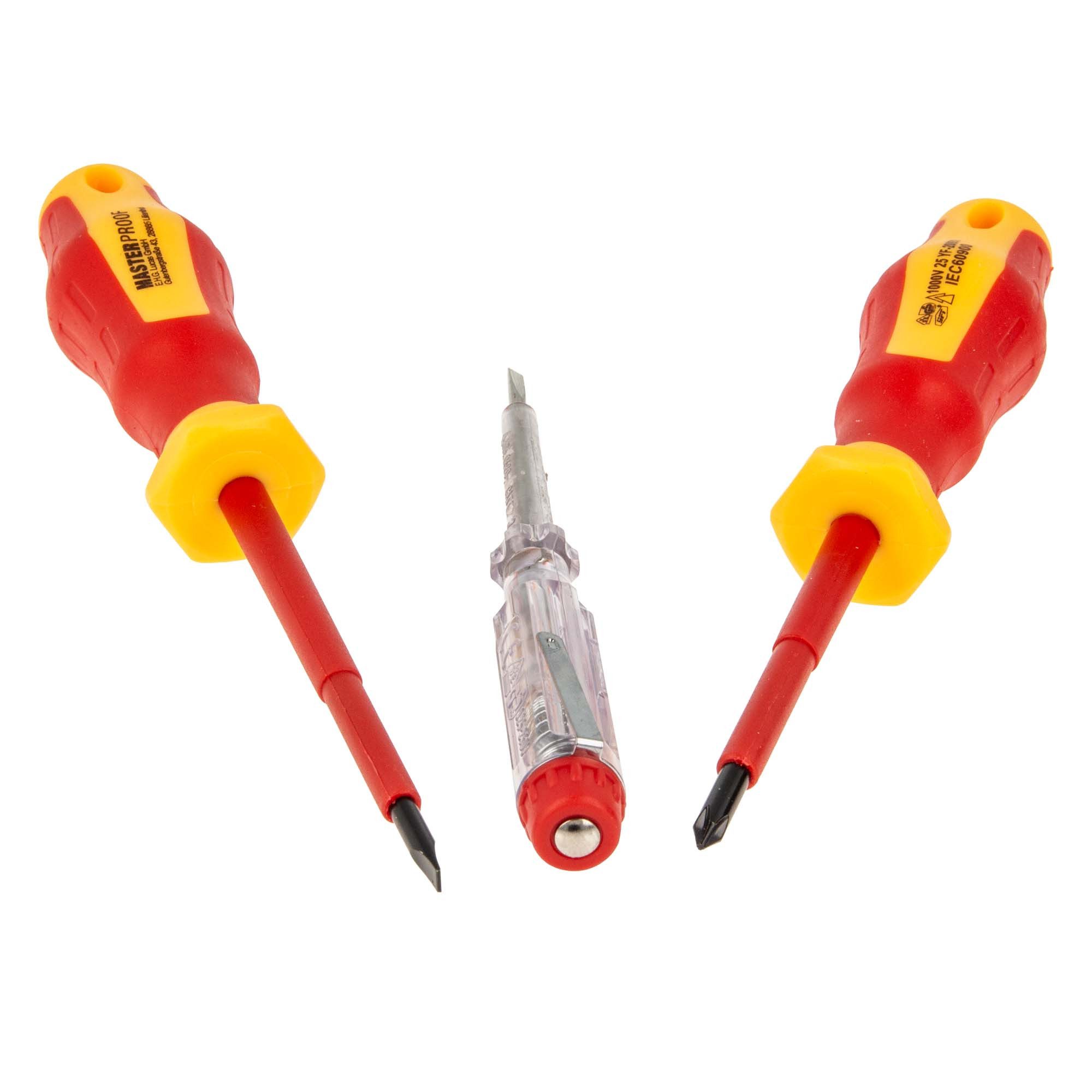 MASTERPROOF PROFESIONAL Schraubendreher Schraubendreher-Satz mit Spannungsprüfer 250 V, Schlitz/Kreuzschlitz