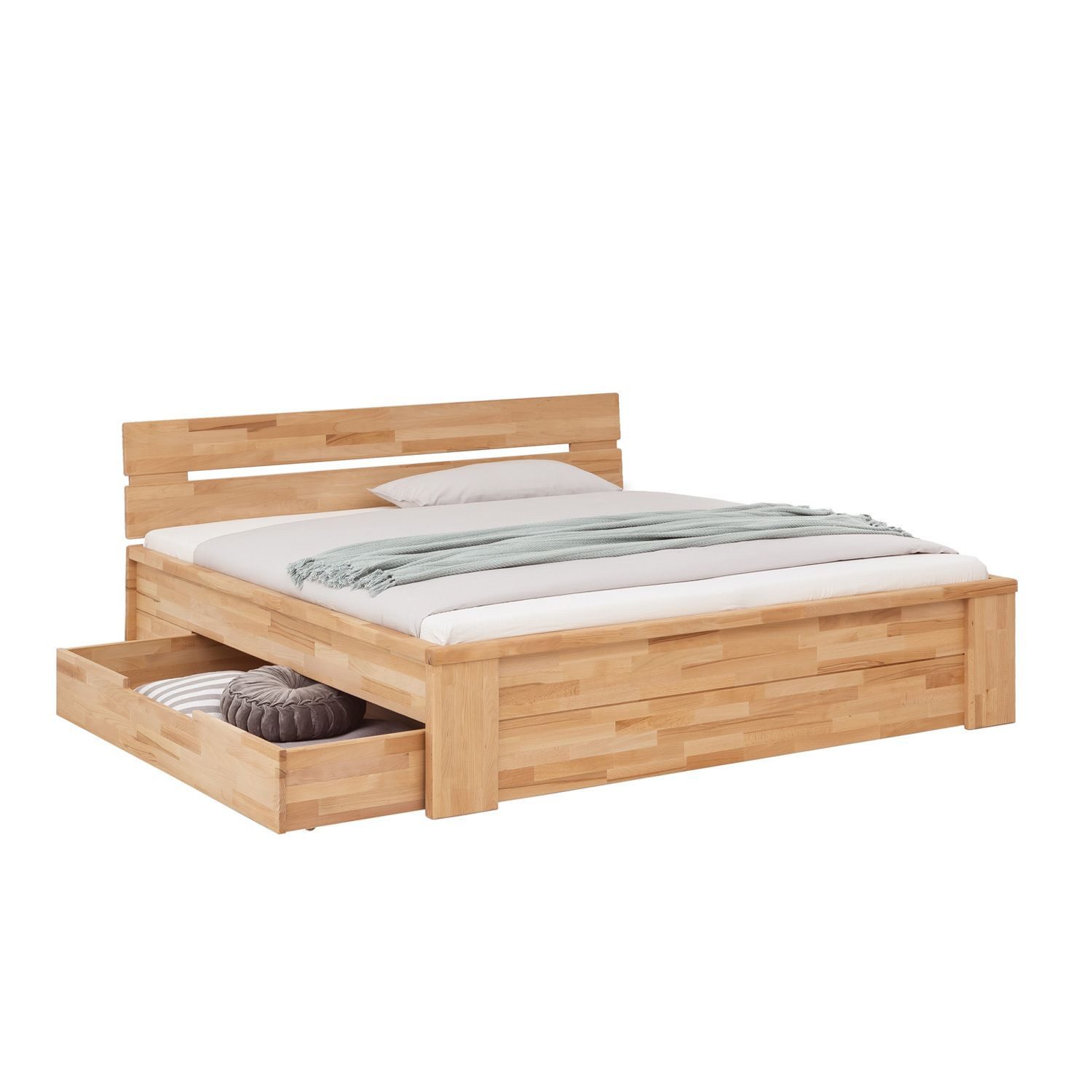HOMELIV. Bettgestell HOMELIV. Bett Tamira 160x200 cm Kernbuche Massivholz mit Schubkasten