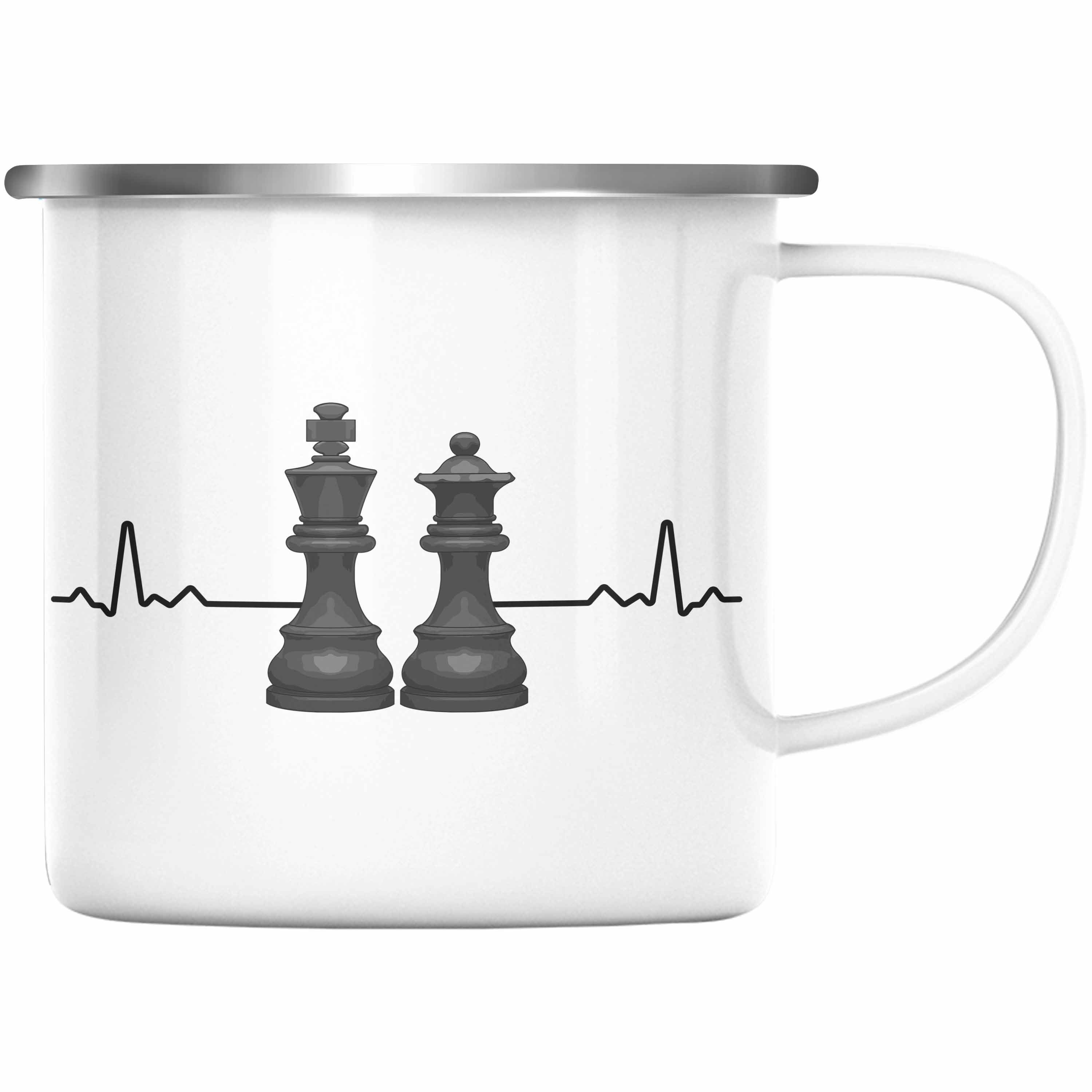 Trendation Thermotasse Trendation - Schach Geschenk Schachspieler Geschenkidee Emaille Tasse mit Schachfiguren Grafik Spruch Silber
