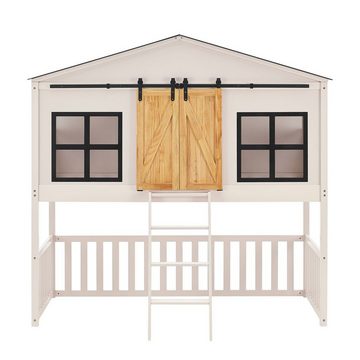 Juskys Kinderbett Farmhaus, 90x200 cm, Hochbett im Farmhaus-Stil, Holz, Hausbett mit Treppe