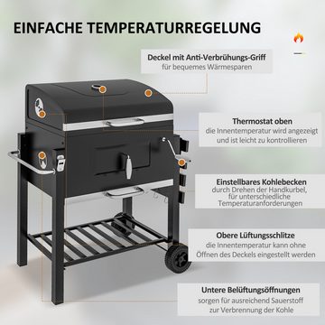 Outsunny Holzkohlegrill Grillwagen Grill BBQ Standgrill, Holzkohle Kohlegrill, Gartengrill, Edelstahl Schwarz 113 x 65 x 108 cm