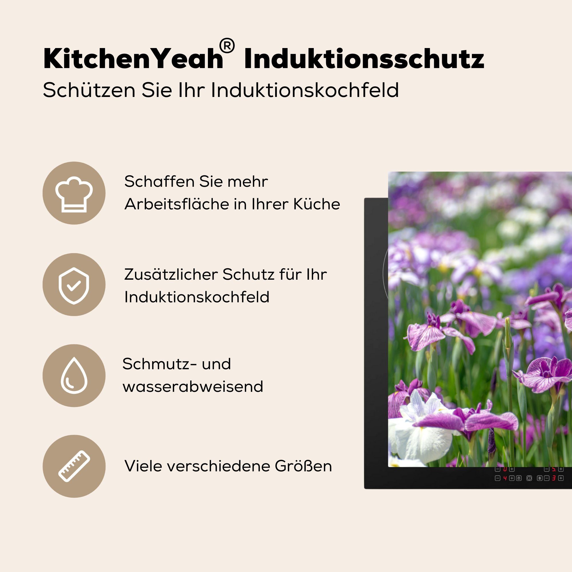 81x52 Feld, Schutz Violett - Japanische Induktionskochfeld MuchoWow küche, Vinyl, tlg), Schwertlilienblüten die (1 für Herdblende-/Abdeckplatte - cm, Ceranfeldabdeckung