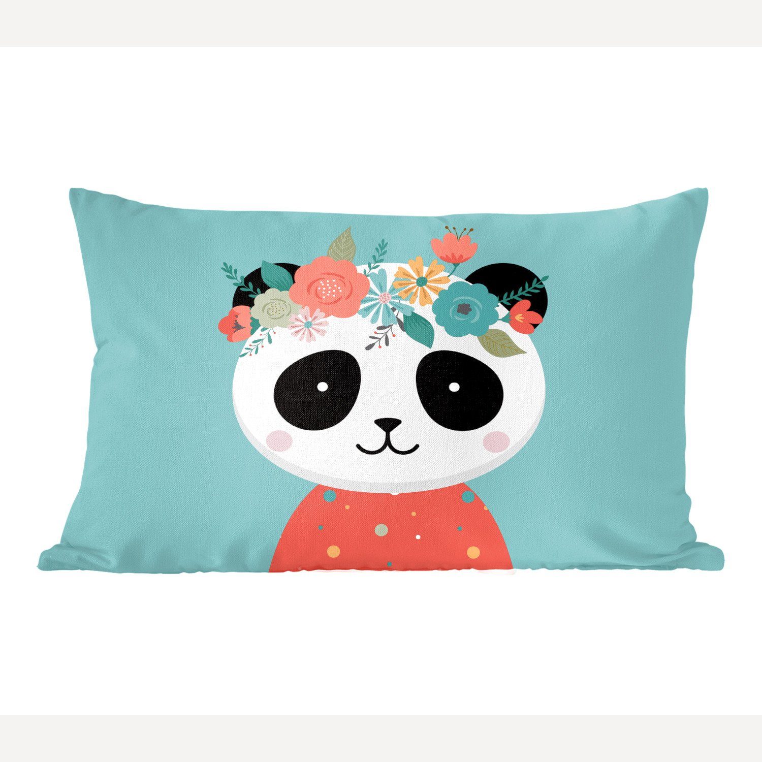MuchoWow Dekokissen Panda - Blumengirlande - Blau, Wohzimmer Dekoration, Zierkissen, Dekokissen mit Füllung, Schlafzimmer