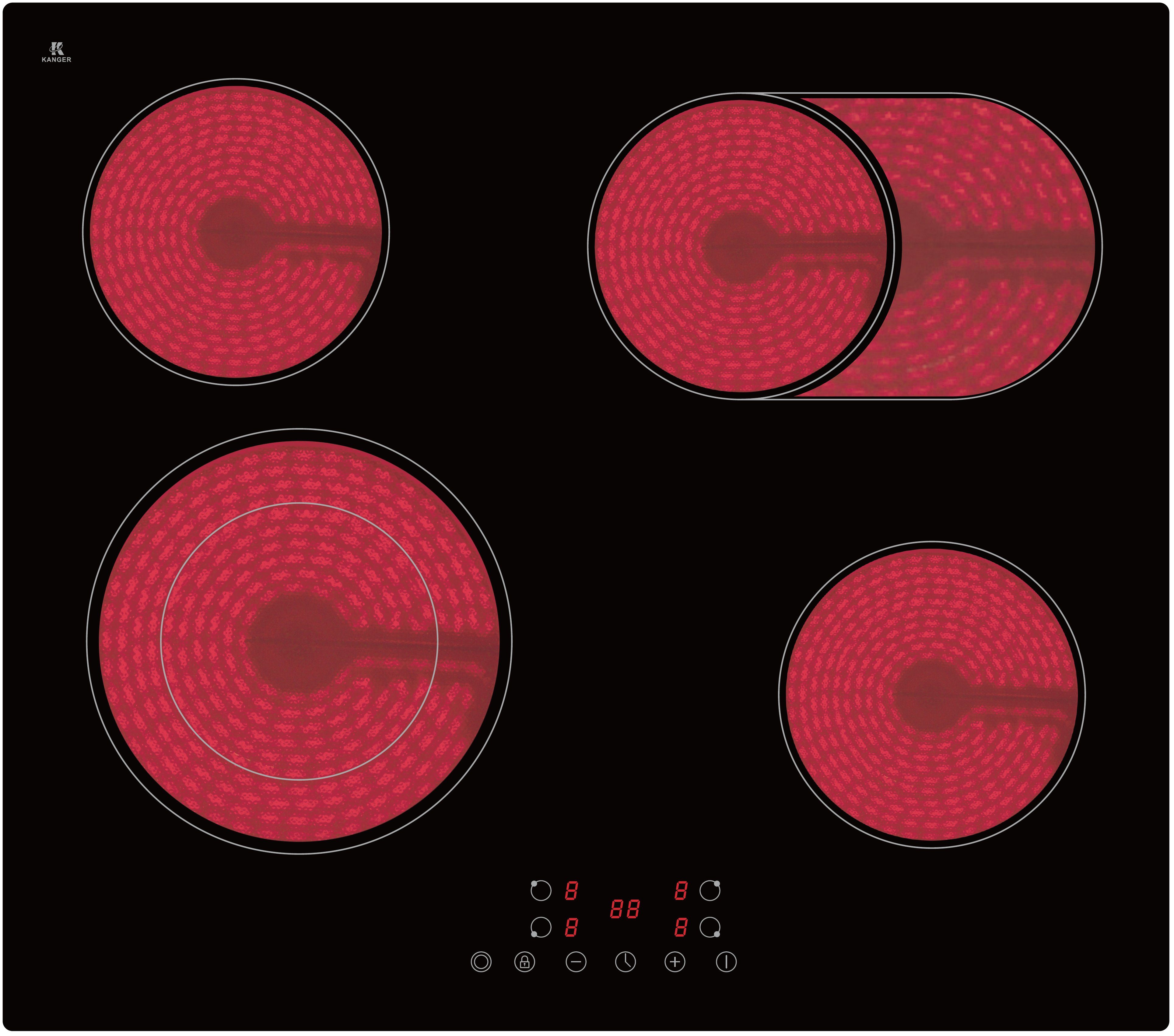 YUNA Elektro-Kochfeld Serie Calor von YUNA CALOR EBK4/2B, Glaskeramikkochfeld mit Touch Control Bräterzone 9 Stufen