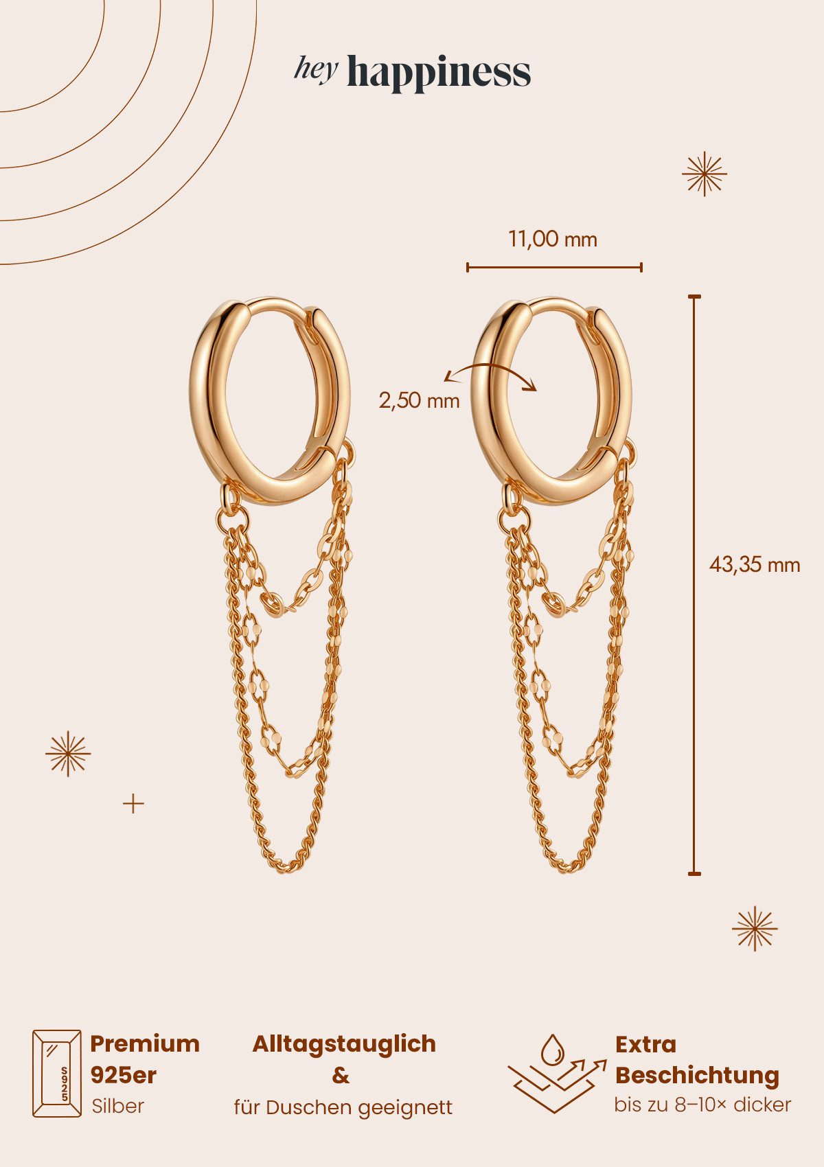 Hey Happiness Paar Ohrhänger Dreifache Kette & Creole, Moderne Damen Creolen 925 Silber, vergoldet