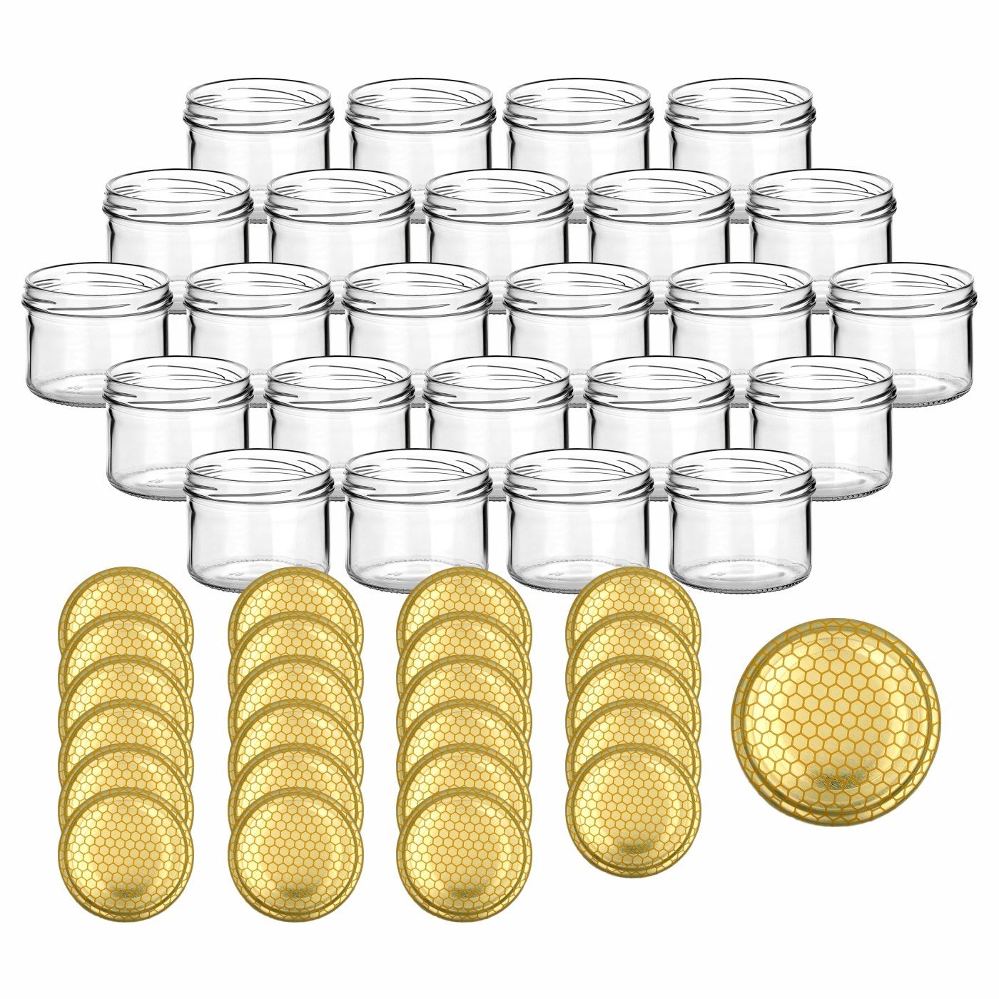 gouveo Einmachglas Vorratsgläser 230 ml rund mit Schraubverschluss TO 82, (24 Stück, Bienenwabe), Gläser für Selbstgemachtes, Marmelade, Wurst Bienenwaben