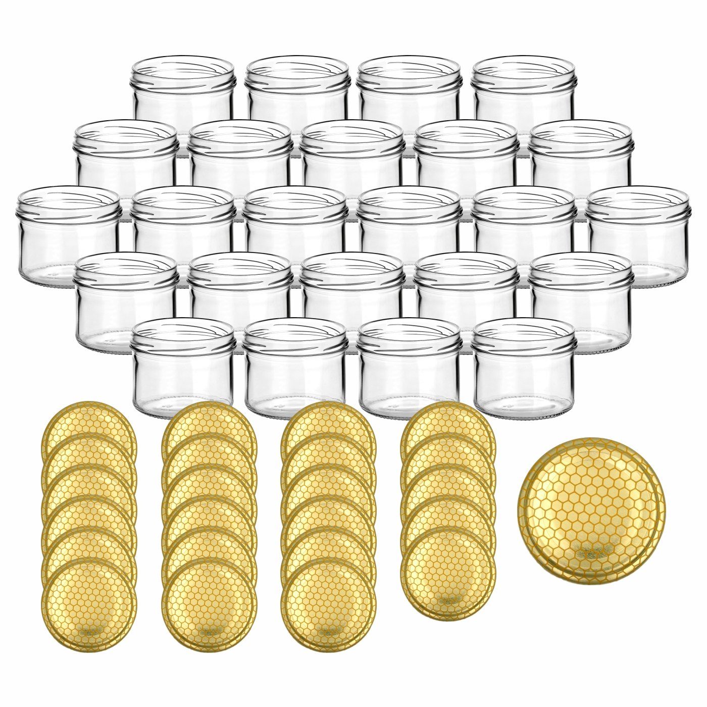 gouveo Einmachglas Vorratsgläser 230 ml rund mit Schraubverschluss TO 82, (24 Stück, Bienenwabe), Gläser für Selbstgemachtes, Marmelade, Wurst